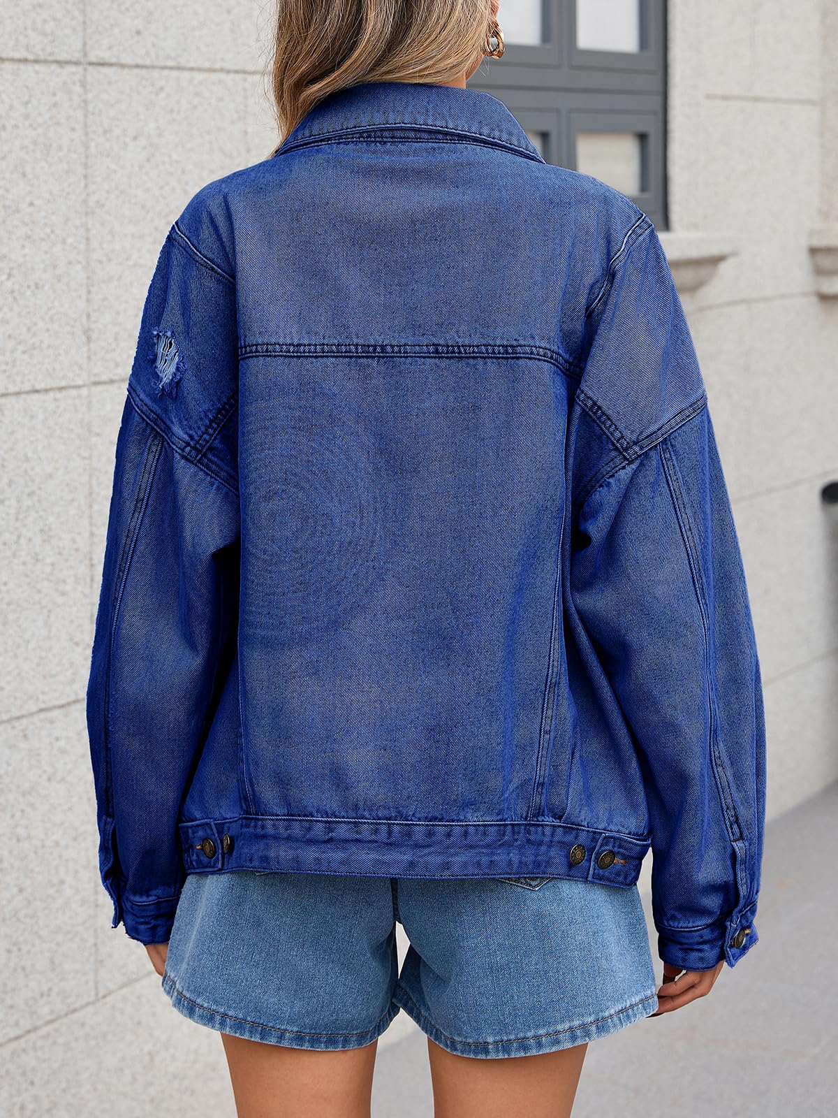 LifeShe Women's Oversized Denim Jacket Boyfriend Ripped Distressed Jean Jackets Casual Long Sleeve Trucker Coat
