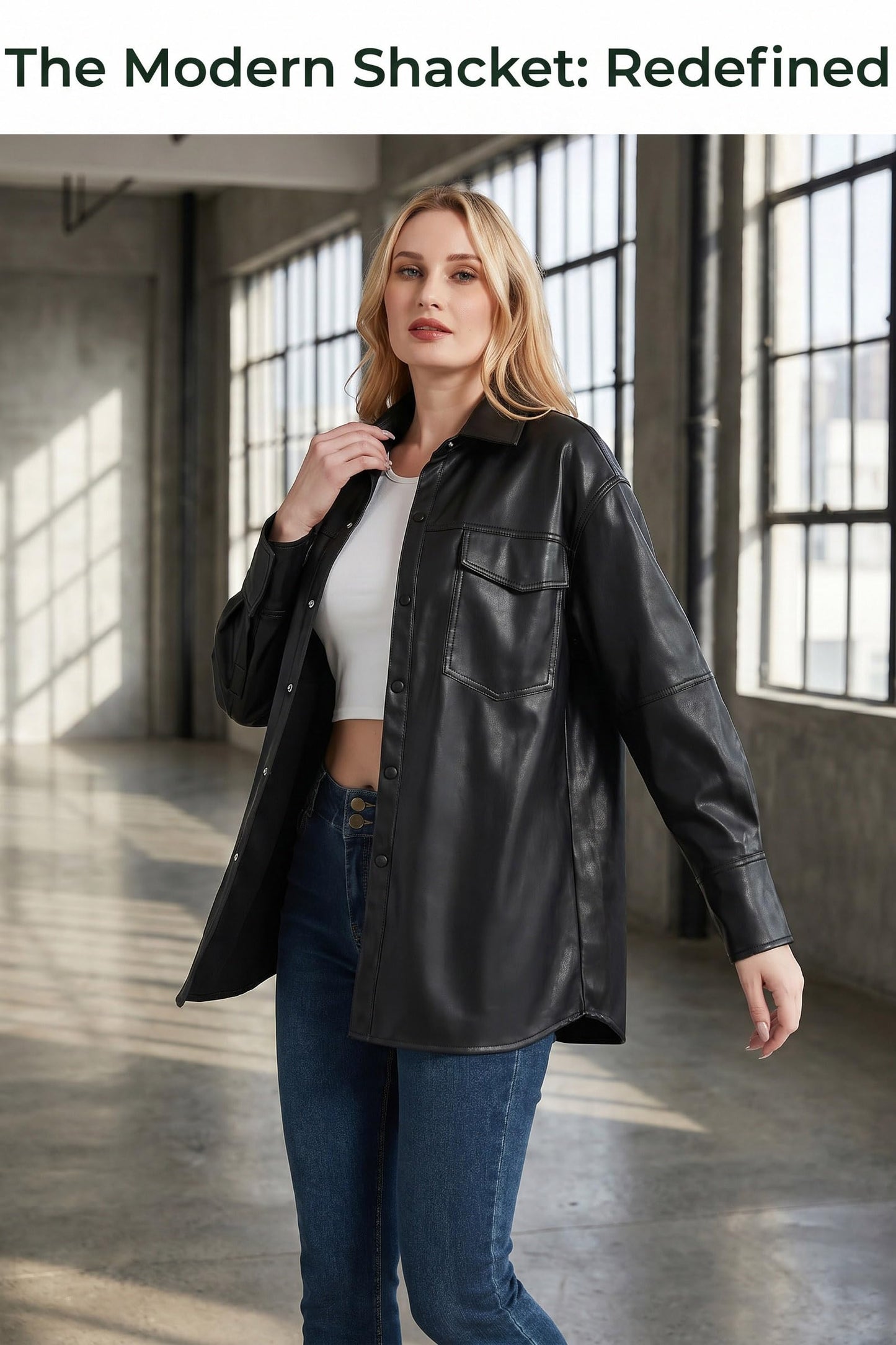 RISISSIDA Women Faux Leather Shacket Jacket,Pleather Shirts,Black,L