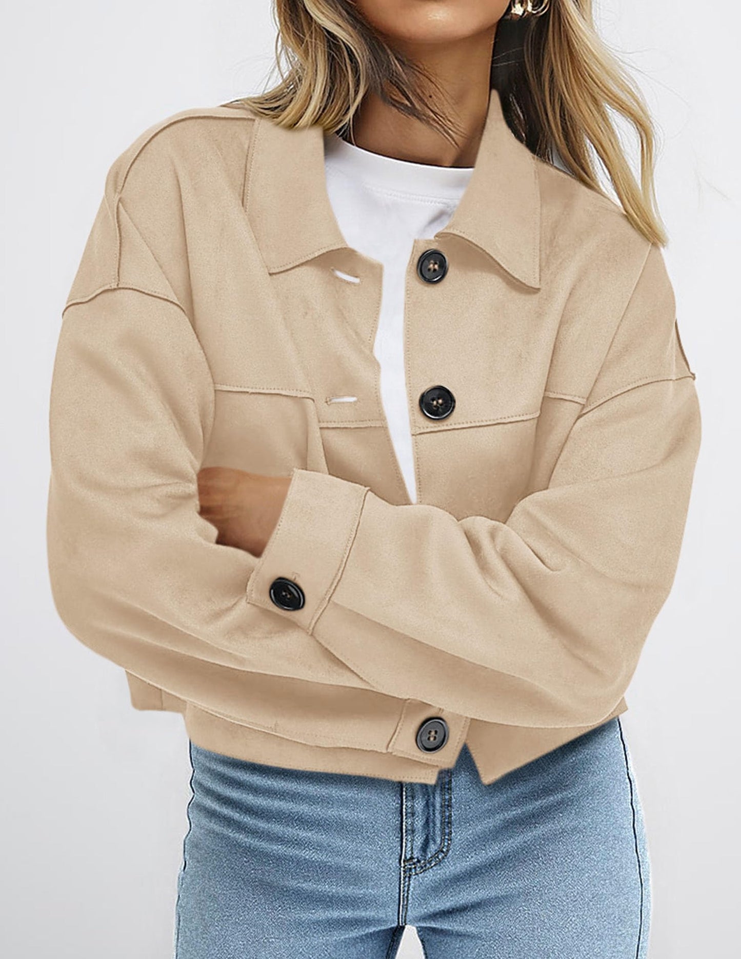 PRETTYGARDEN Women's Faux Suede Cropped Jacket Casual Lightweight Fall Fashion 2026 Winter Coats Outerwear Trendy Clothes (Beige,Small)