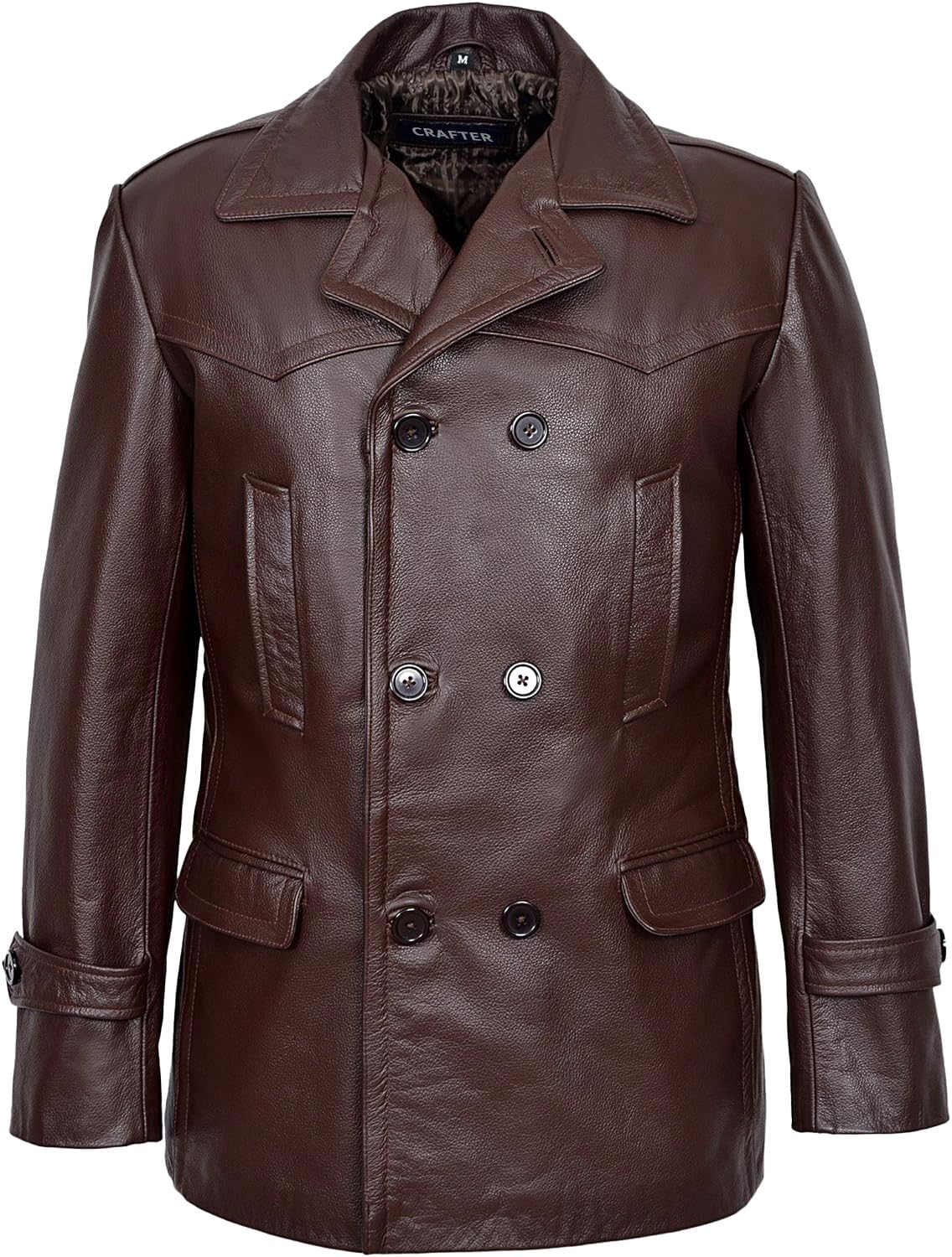 Men's Kriegsmarine German Ww2 Dr Who Reefer Hide Leather Jacket Coat Four Button Leather Car Coat - Pea Coat for Mens (US, Alpha, XX-Large, Regular, Regular, Brown)