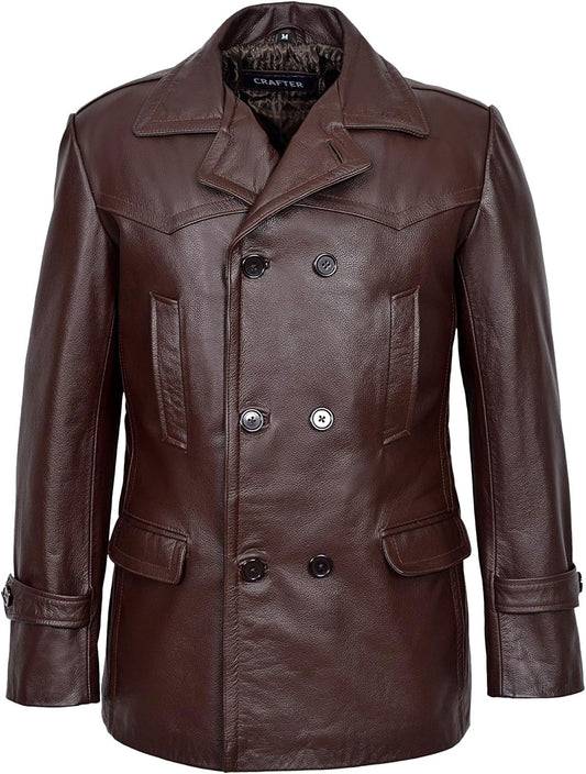 Men's Kriegsmarine German Ww2 Dr Who Reefer Hide Leather Jacket Coat Four Button Leather Car Coat - Pea Coat for Mens (US, Alpha, XX-Large, Regular, Regular, Brown)