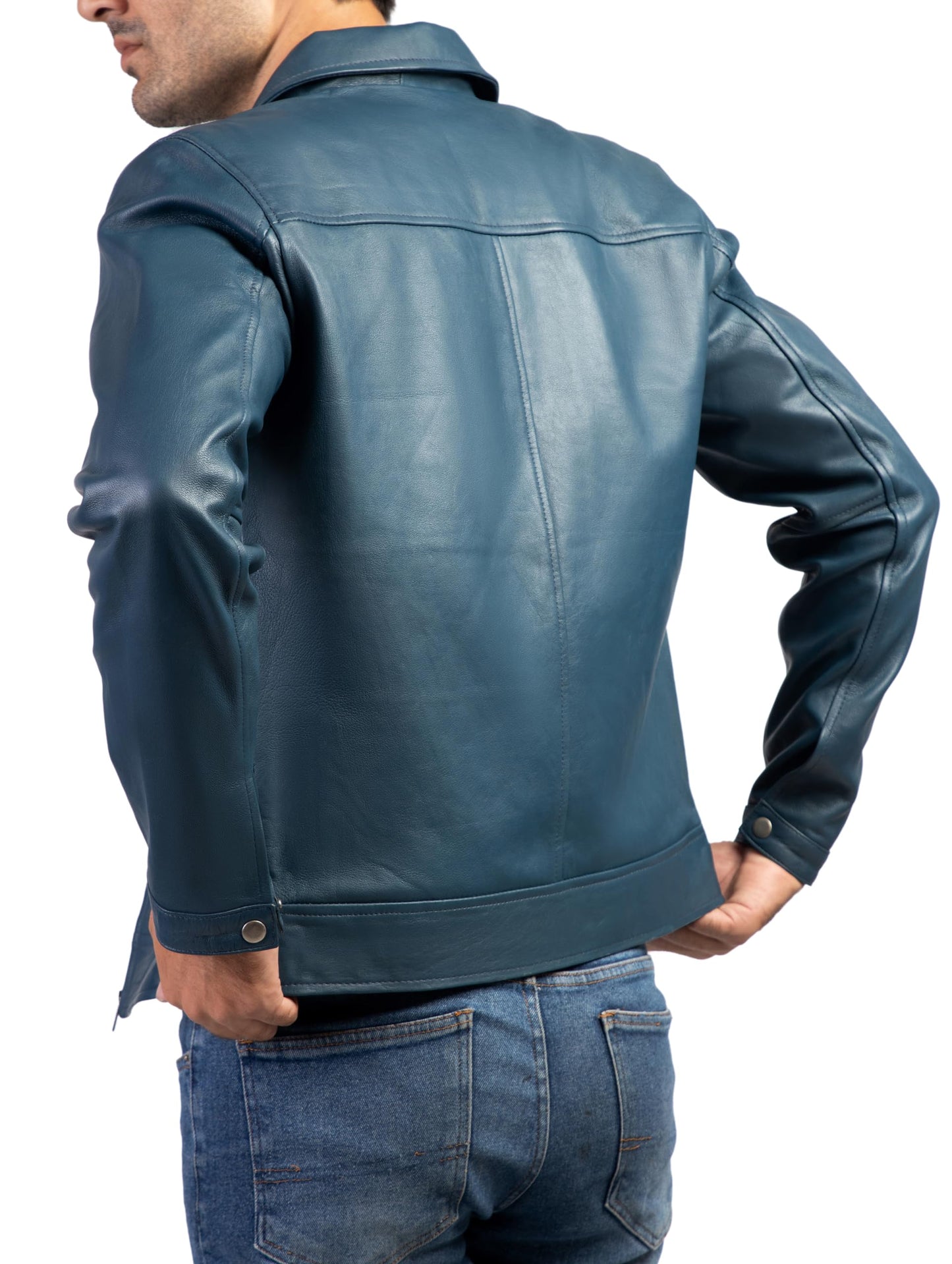 Jild Polo Collar Premium Leather Jacket Men - Old School Classic Style Everyday Wear Real Lambskin Mens Leather Jacket (Polo-Blue-3XL)