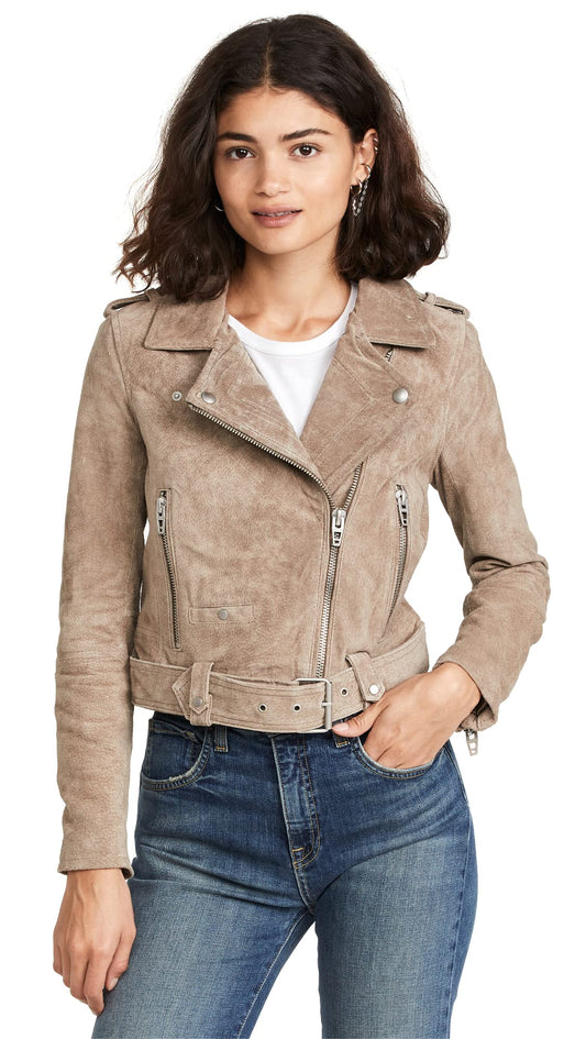[BLANKNYC] womens Luxury Clothing Cropped Suede Leather Motorcycle Jackets, Comfortable & Stylish Coats, Sand Stoner, X-Large