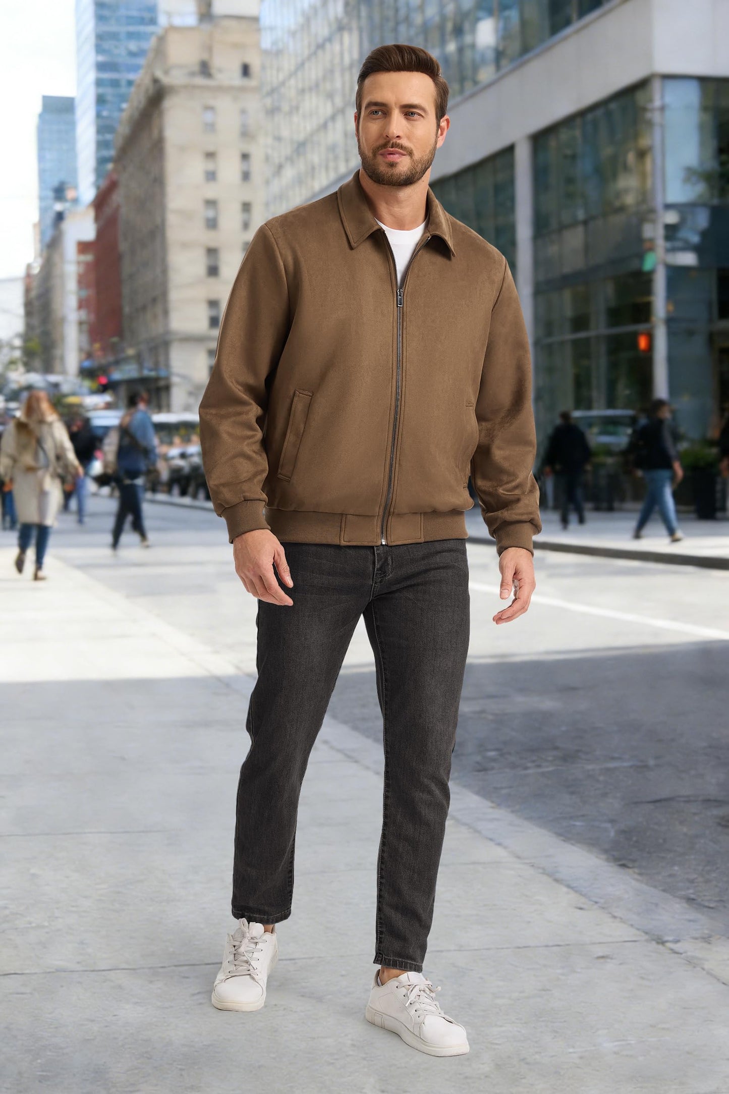 Fahsyee Men's Faux Suede Bomber Jacket Casual Stylish Outwear, Lightweight Vintage Coat With Full Zipper Brown XXL