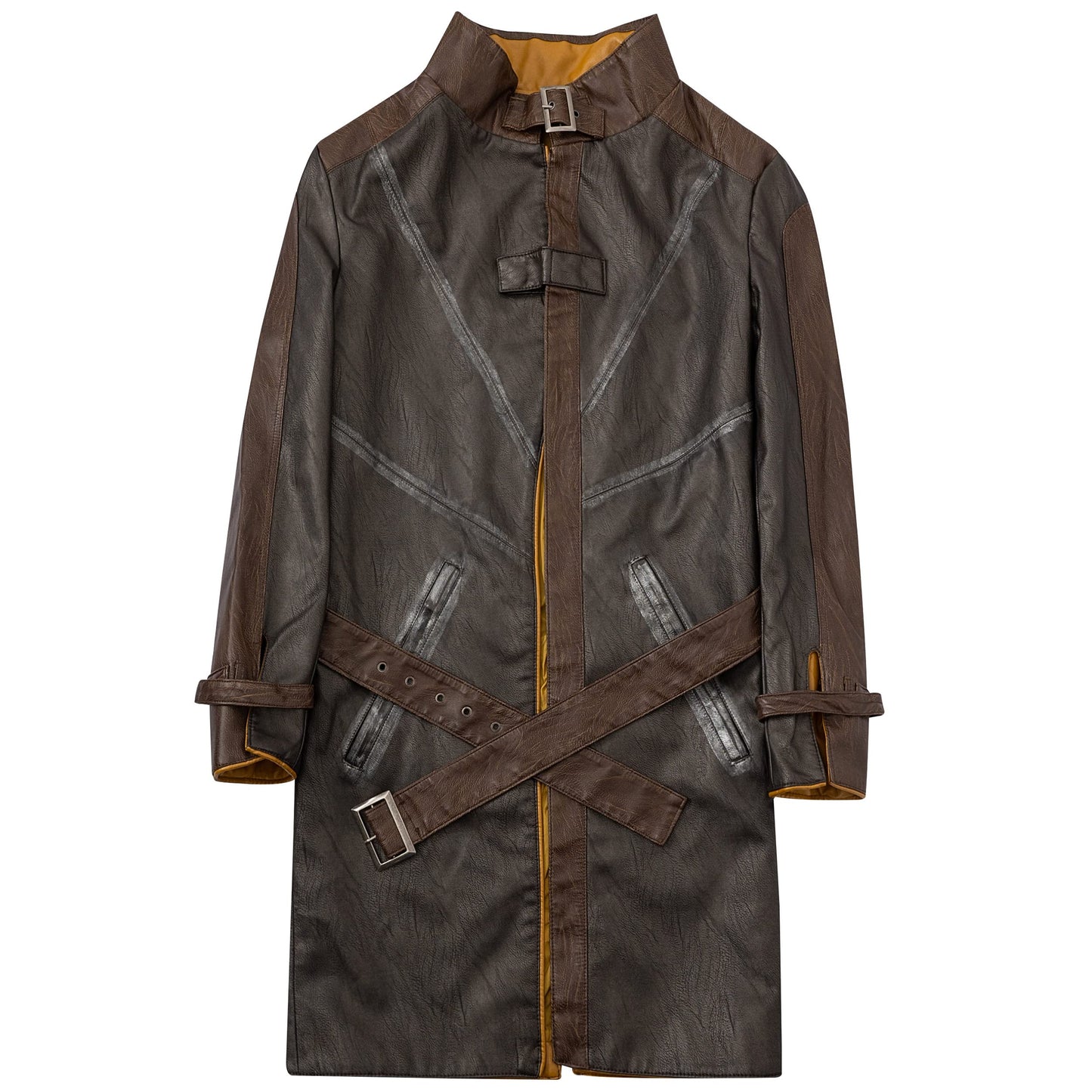 saounisi Men's Brown Faux Leather Trench Coat, Cosplay Jacket, X-Large