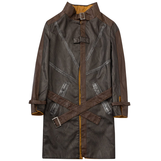 saounisi Men's Brown Faux Leather Trench Coat, Cosplay Jacket, X-Large