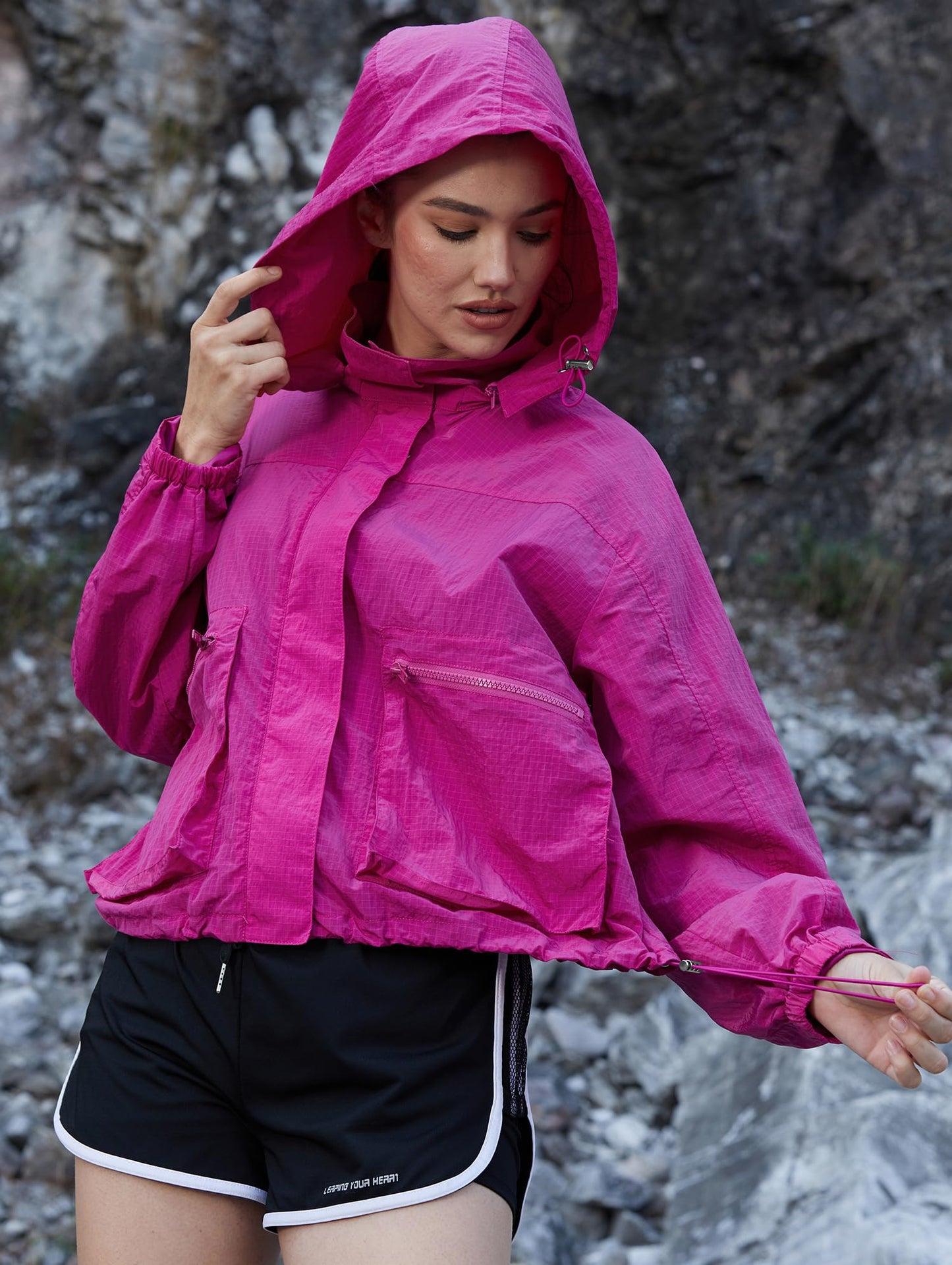PESION Packable Rain Jacket Women Lightweight Waterproof Raincoat with Hood Cycling Biker Jackets, Hot Pink, Large