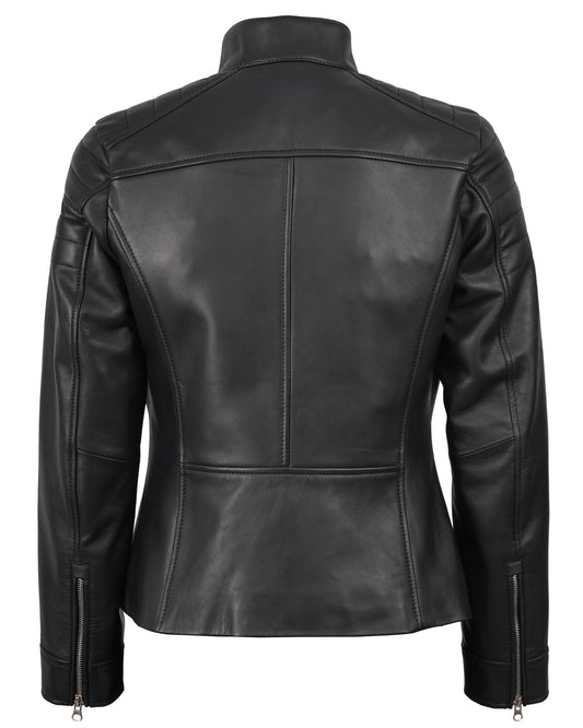Decrum Disc Black Leather Jacket Woman - Leather Biker Cafe Racer Jacket Women | [1309743] Carrie Black, M