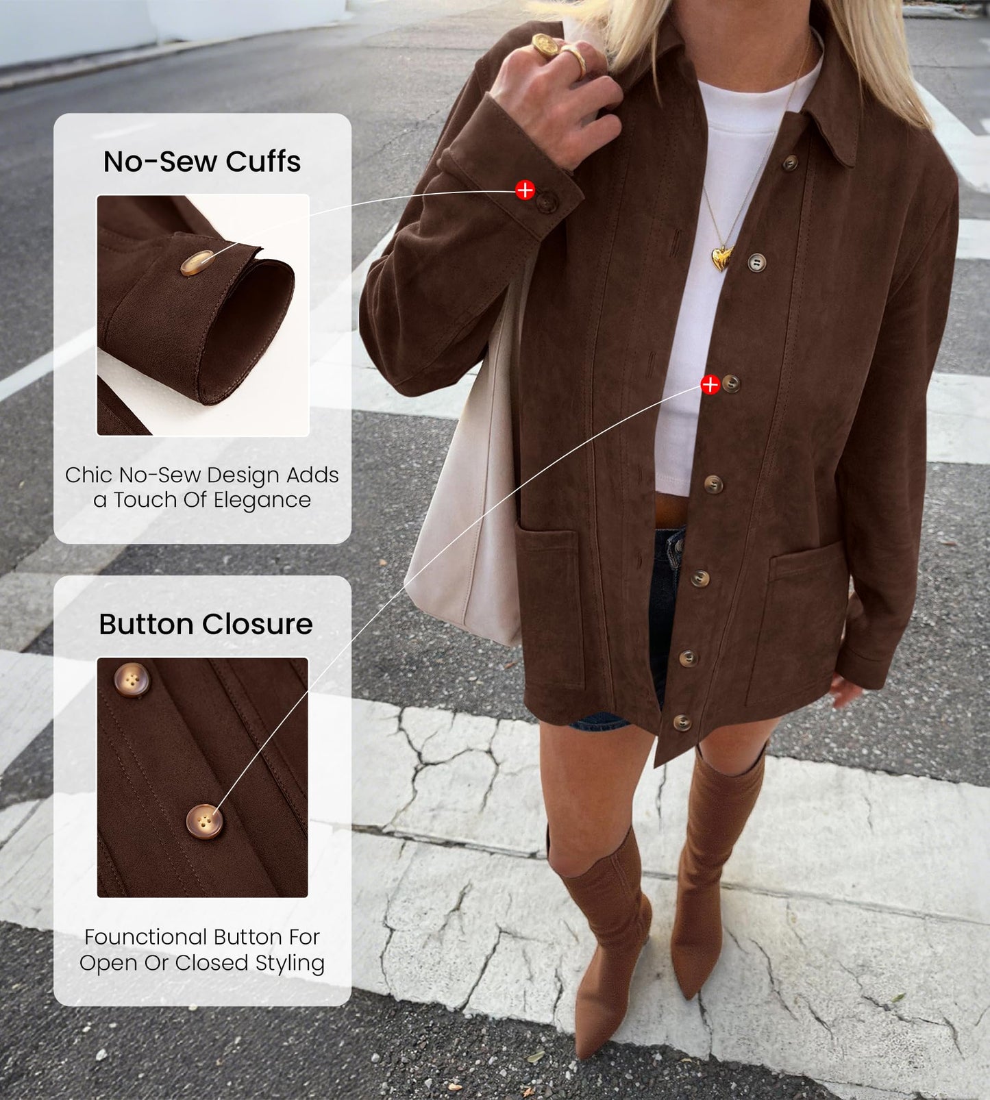 BTFBM Fall Fashion Faux Suede Jacket Women Winter Clothing,Coffee,M