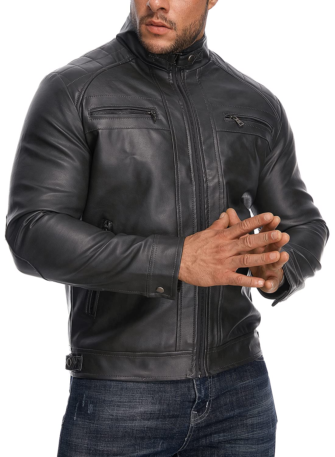 HOOD CREW Men’s Stand Collar Leather Jacket Casual Faux Leather Motorcycle Jacket Outerwear Coat with Zipper Pockets Black L