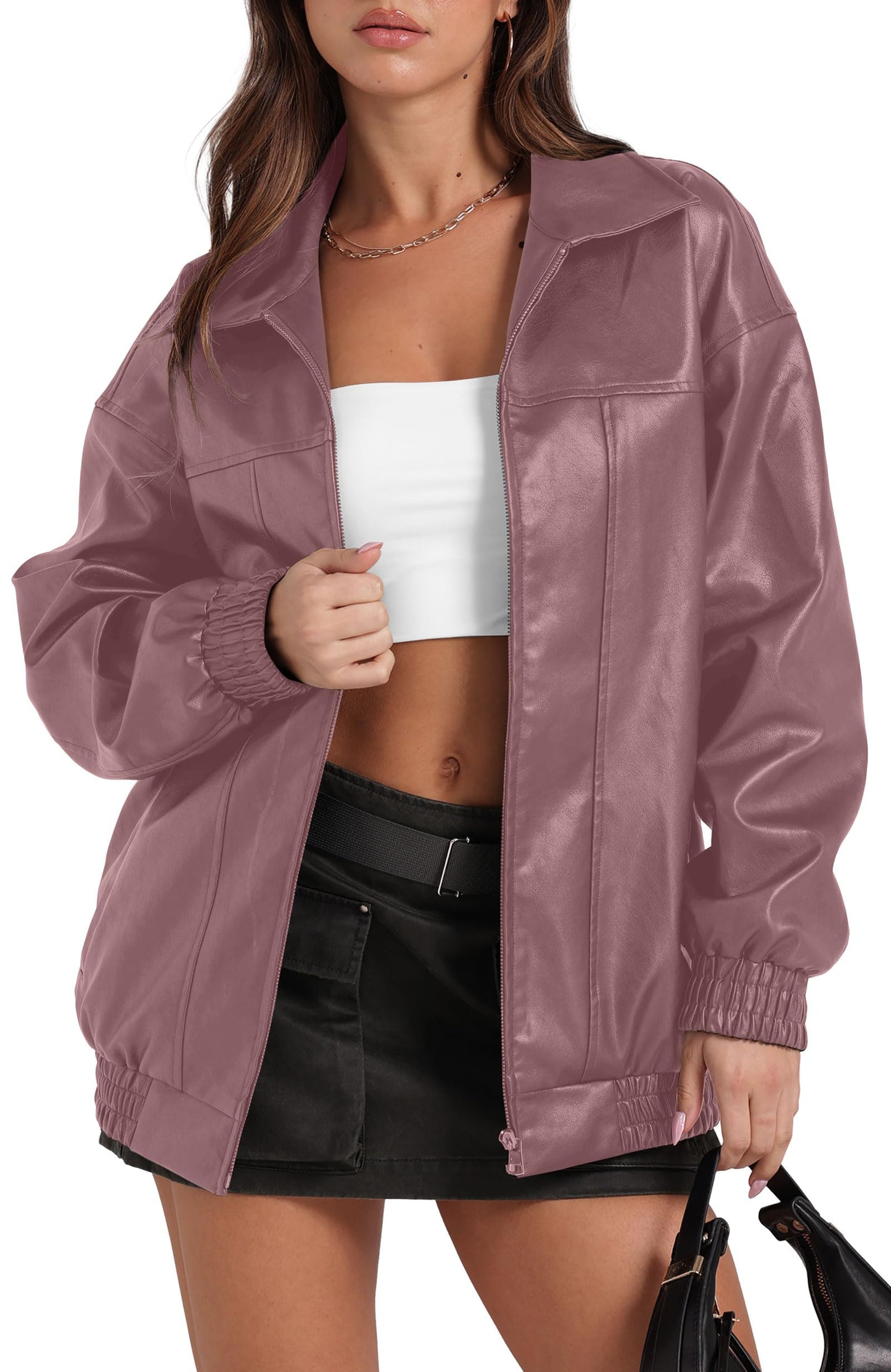 Sampeel Leather Jacket Women Faux Baggy Vintage Trendy Coats 2025 Fall Going Out Outfits Winter Clothes Pink M