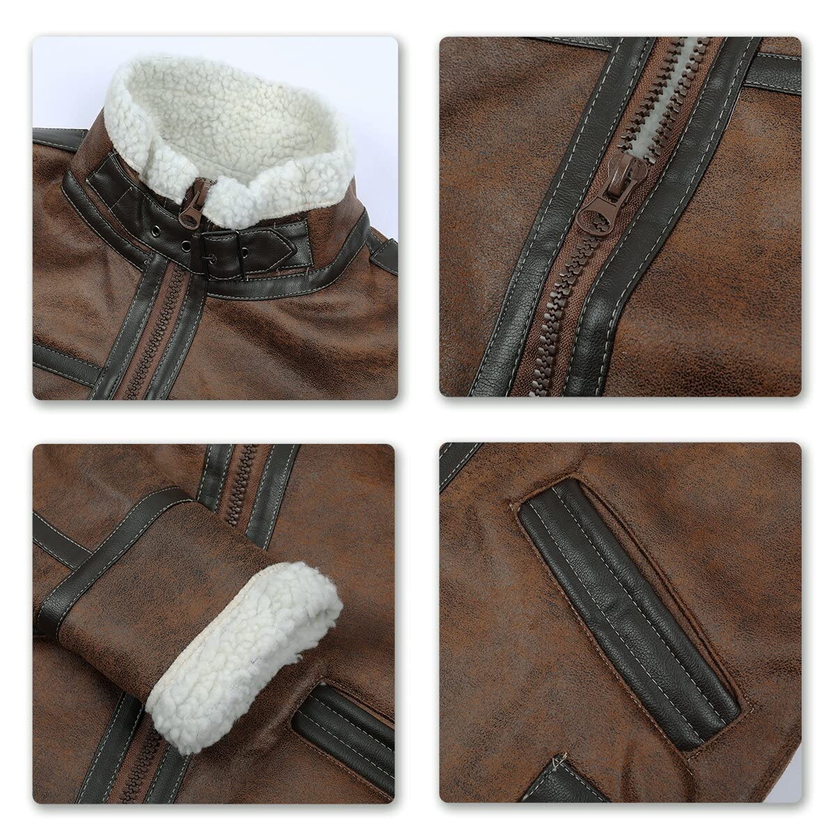 AOWOFS Men's Leather Jackets Aviator Bomber Jacket Men Brown Motorcycle Shearling Suede Coat