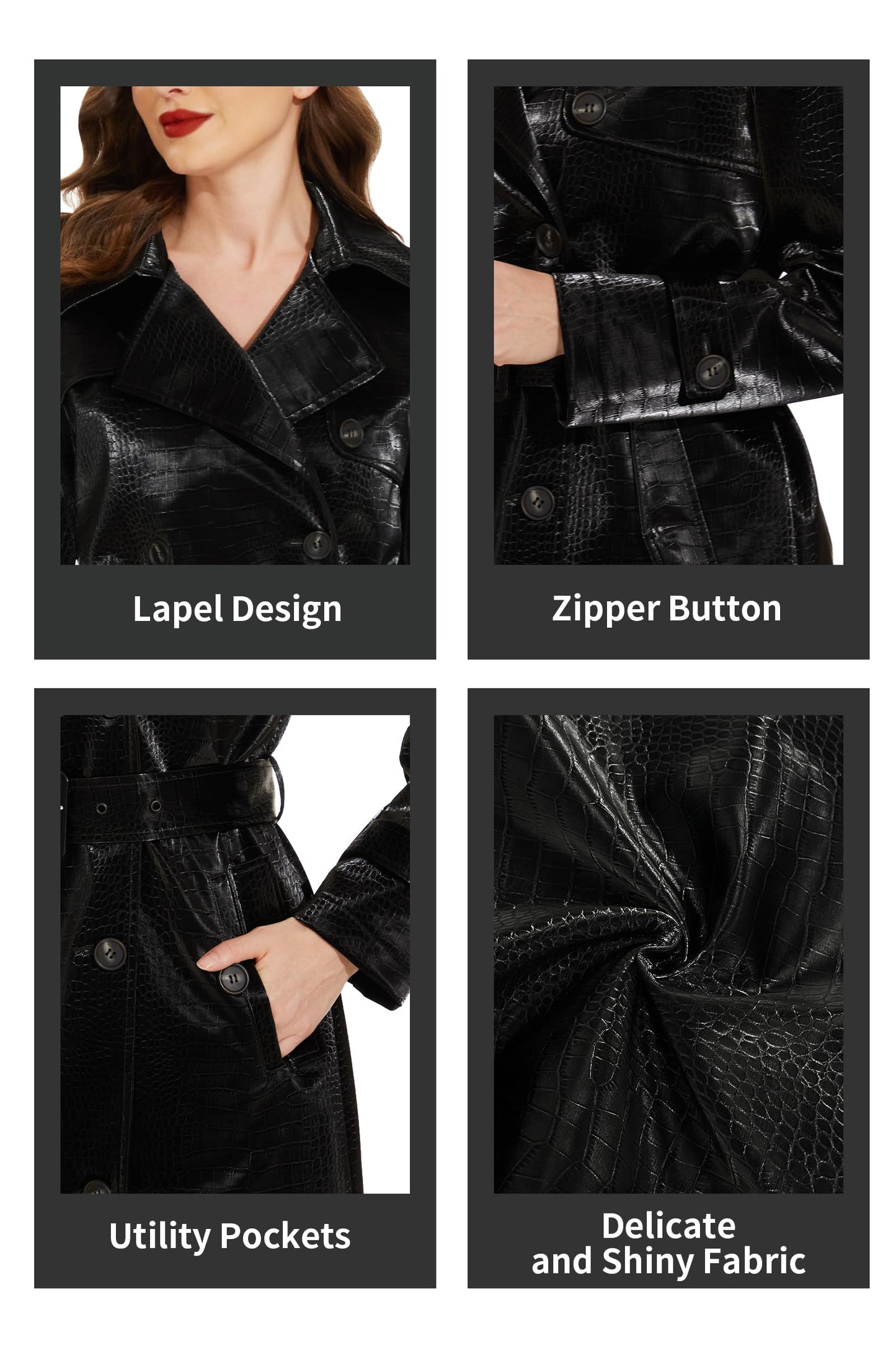 Fahsyee Women's Faux Leather Trench Coat, Zip Up Motorcycle Jackets Short PU Moto Biker Outwear Fitted Slim Jacket Black Size XL