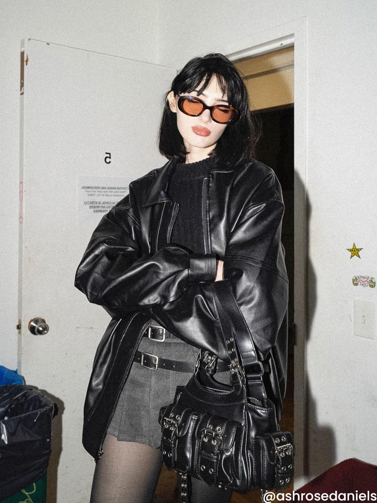 Aelfric Eden Womens Leather Jacket Oversized Y2k Faux Motorcycle Bomber Moto Biker Jackets Coats Black