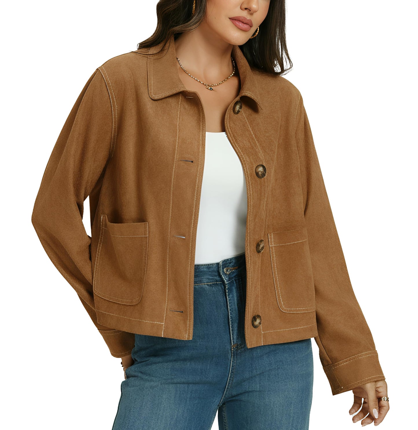 Ladyful Womens Faux Suede Bomber Jacket Cropped Dressy Fall Casual Button Down Leather Coat Outerwear