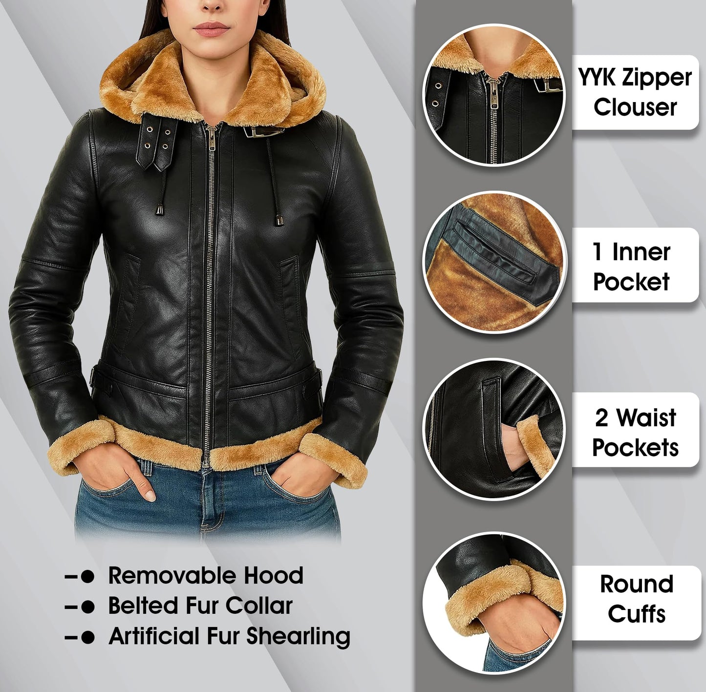 LP-FACON Womens B3 Brown Shearling Bomber Jacket - Winter Aviator Pilot Sheepskin Black Leather Jacket Removable Hoodie