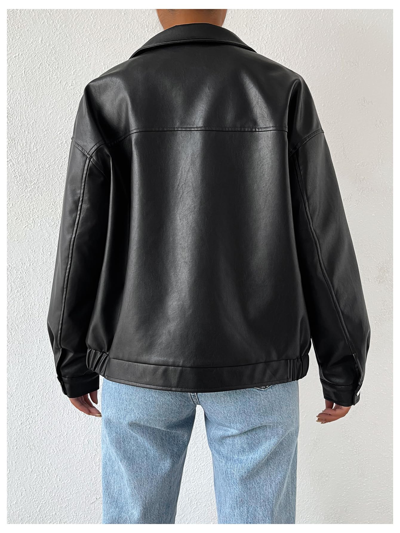 MakeMeChic Women's Faux Leather Shacket Long Sleeve Zip Up Motorcycle Jacket Biker Coat Black S