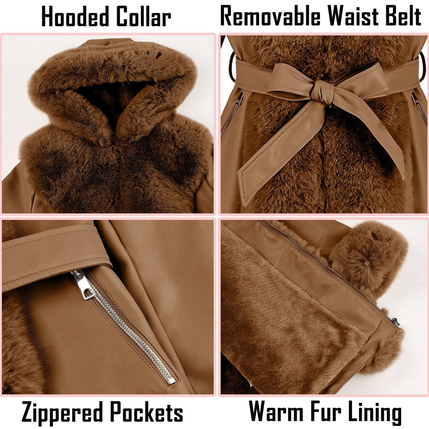 RISISSIDA Luxurious Fur Lined Faux Leather Jacket Women Winter Coat Hood Long Fur Collar Cuffs Zipper Up Pockets,Thick Warm Heavy Overcoat Belted Camel M
