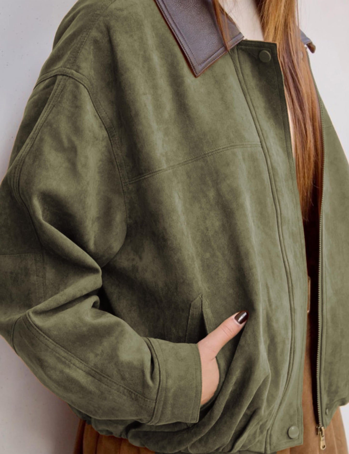 Yegthou Womens Faux Suede Bomber Jacket Casual Lapel Pilot Cropped Jackets Oversized Motorcycle Zip Up Outerwear Coats(ArmyGreen-XS)