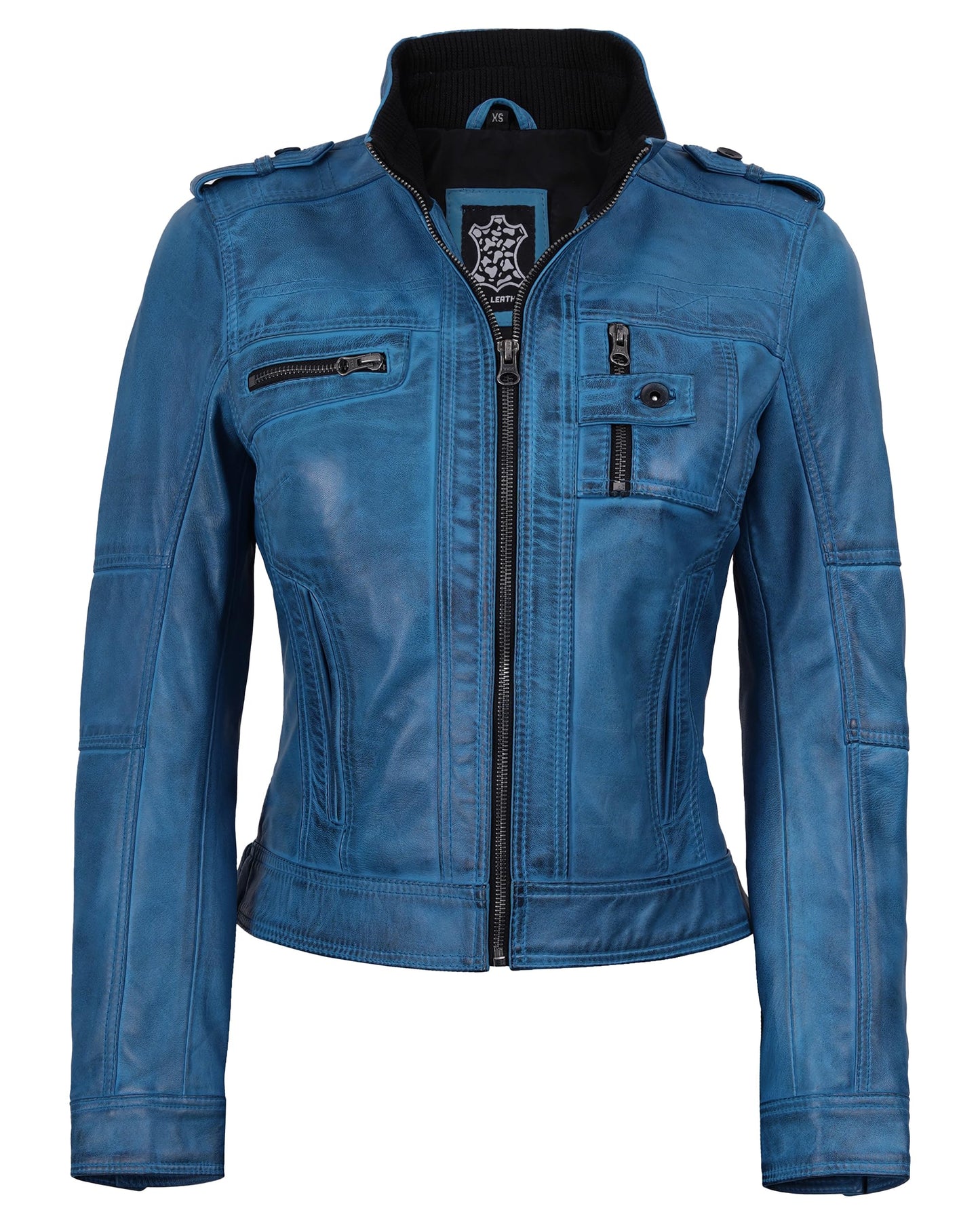 Decrum Blue Leather Jacket Women - Racer Jacket Women | [1329462] Tavares Blue, S