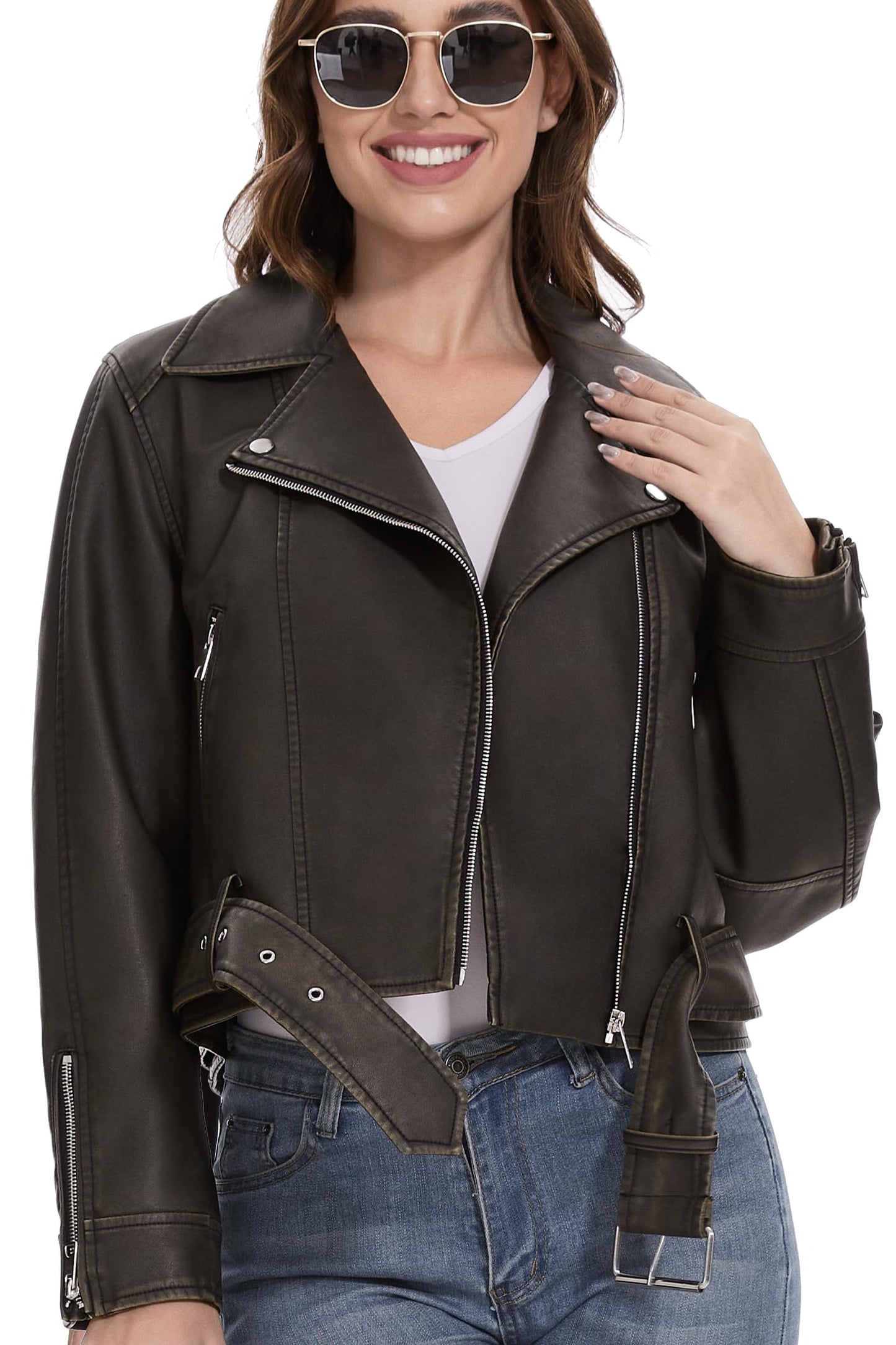 Fahsyee Leather Jacket for Women, Faux Motorcycle Belted Plus Size Moto Biker Coat Short Lightweight Vegan Pleather Fashion, Black, M