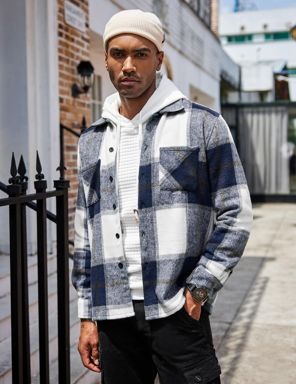 COOFANDY Mens Coat Shirt Long Sleeve Flannel Jacket Classic Plaid Shirt Lightweight Hunting Shirt Navy Blue