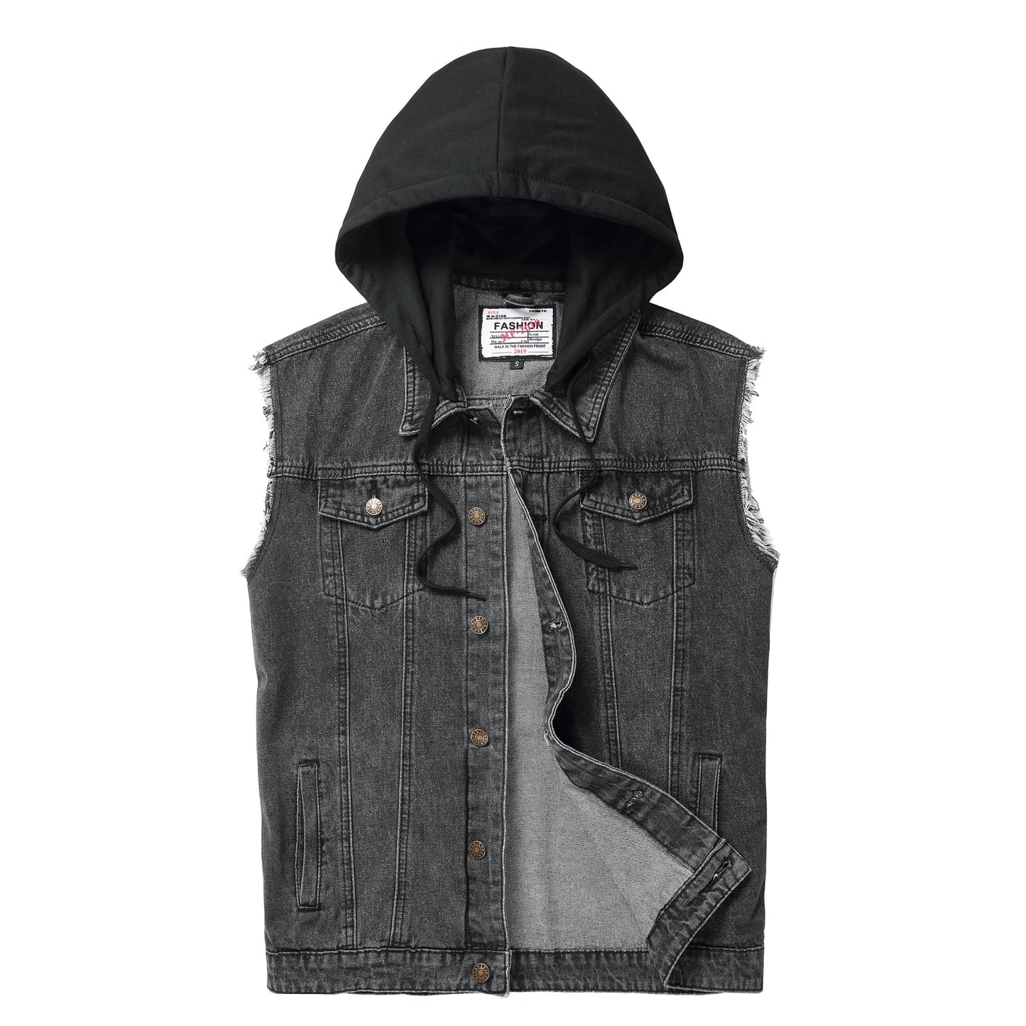 Ginsiom Men's Denim Vest,Sleeveless Jean Hooded Jacket Ripped Stretchy Sleeve Less Fashion Battle Vest for Men with Hood(9385Grey,M)
