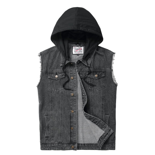 Ginsiom Men's Denim Vest,Sleeveless Jean Hooded Jacket Ripped Stretchy Sleeve Less Fashion Battle Vest for Men with Hood(9385Grey,M)