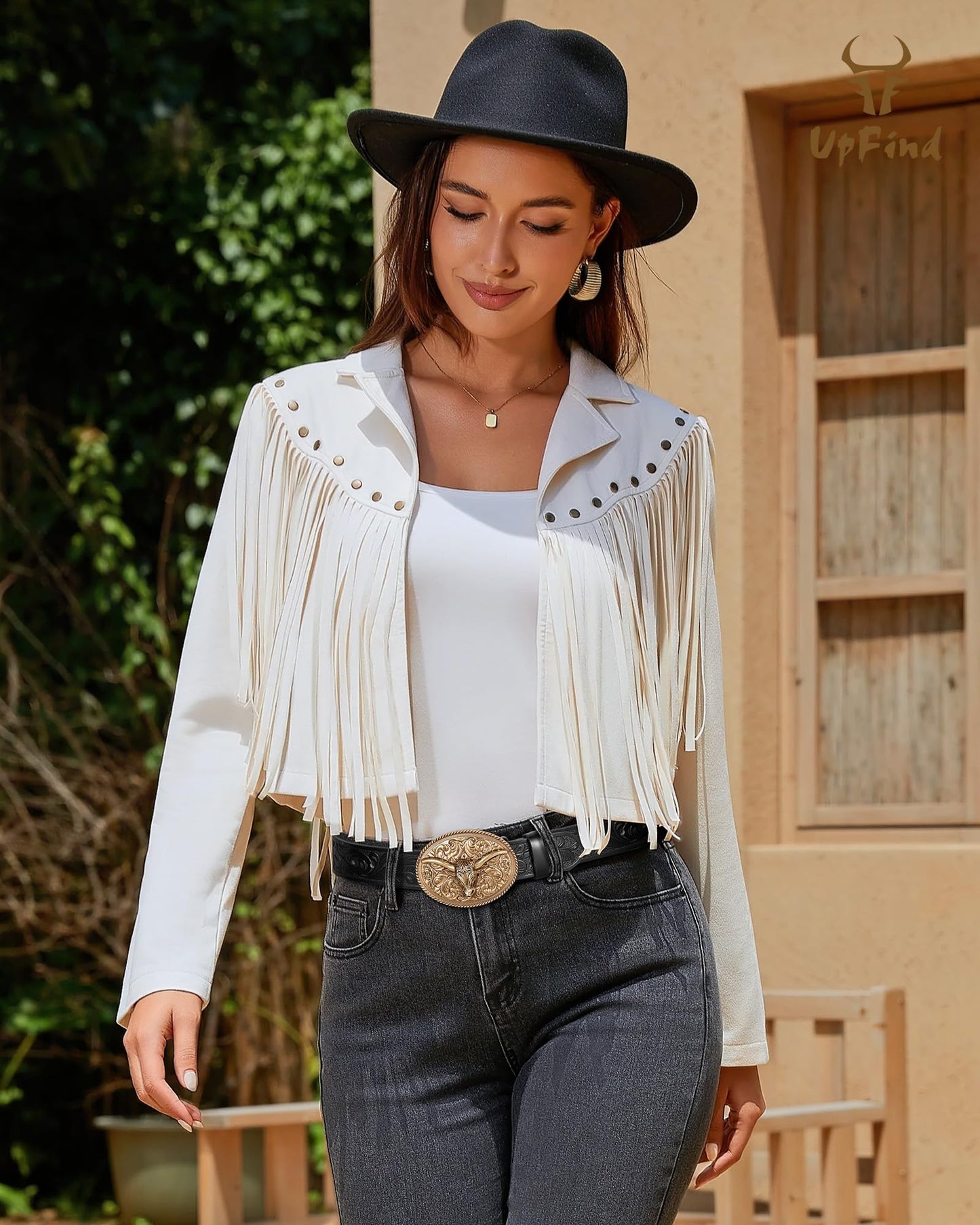 UpFind Women's Fringe Faux Suede Leather Jackets Fashion Fall Western Tassel Motorcycle Cropped Open Front Coats with Rivets, Beige/Medium