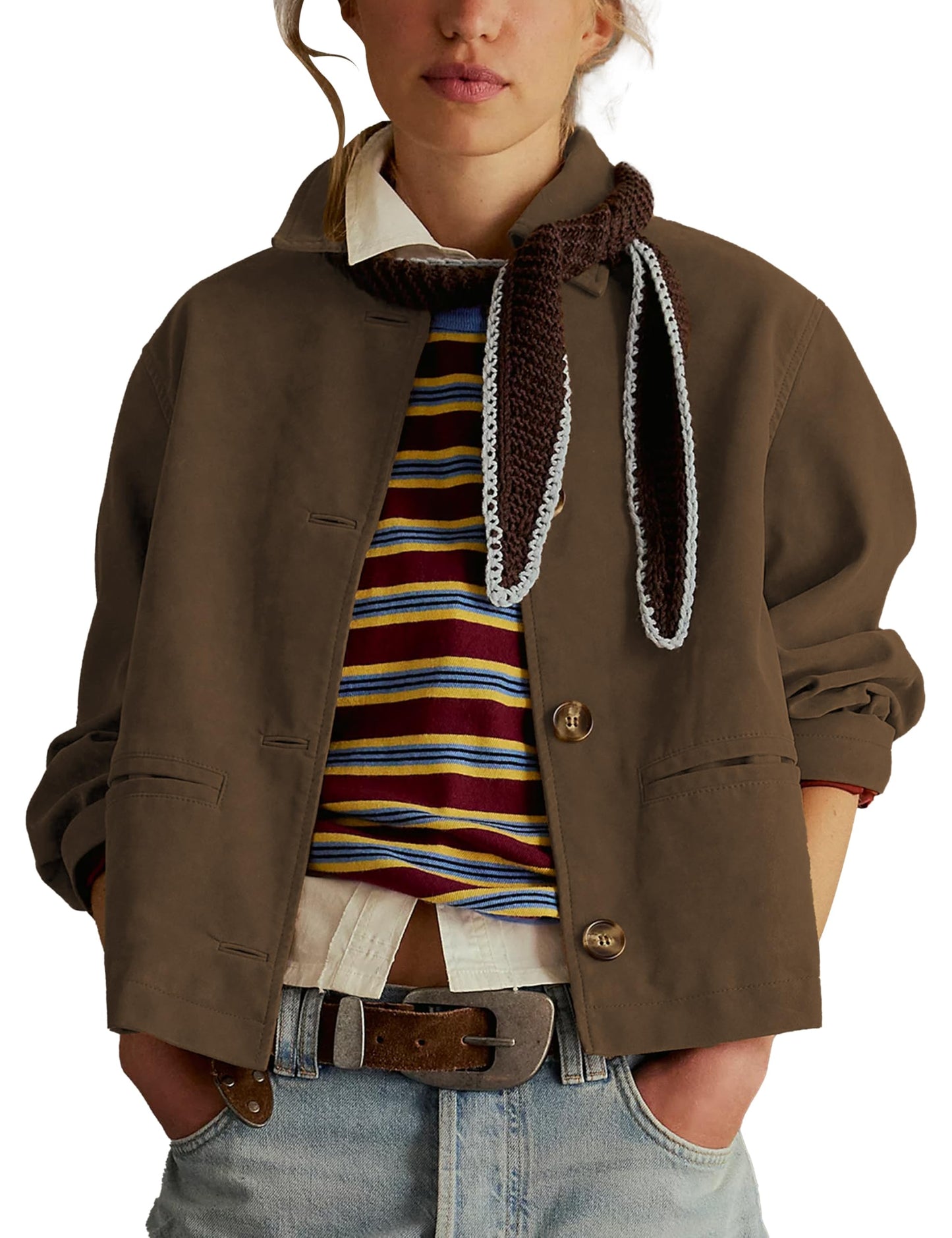 Ziqoty Women's Faux Suede Cropped Jacket with Lapel Soft Short Casual Blazer for Fall Winter Vintage Button Down Coat(Brown-M)