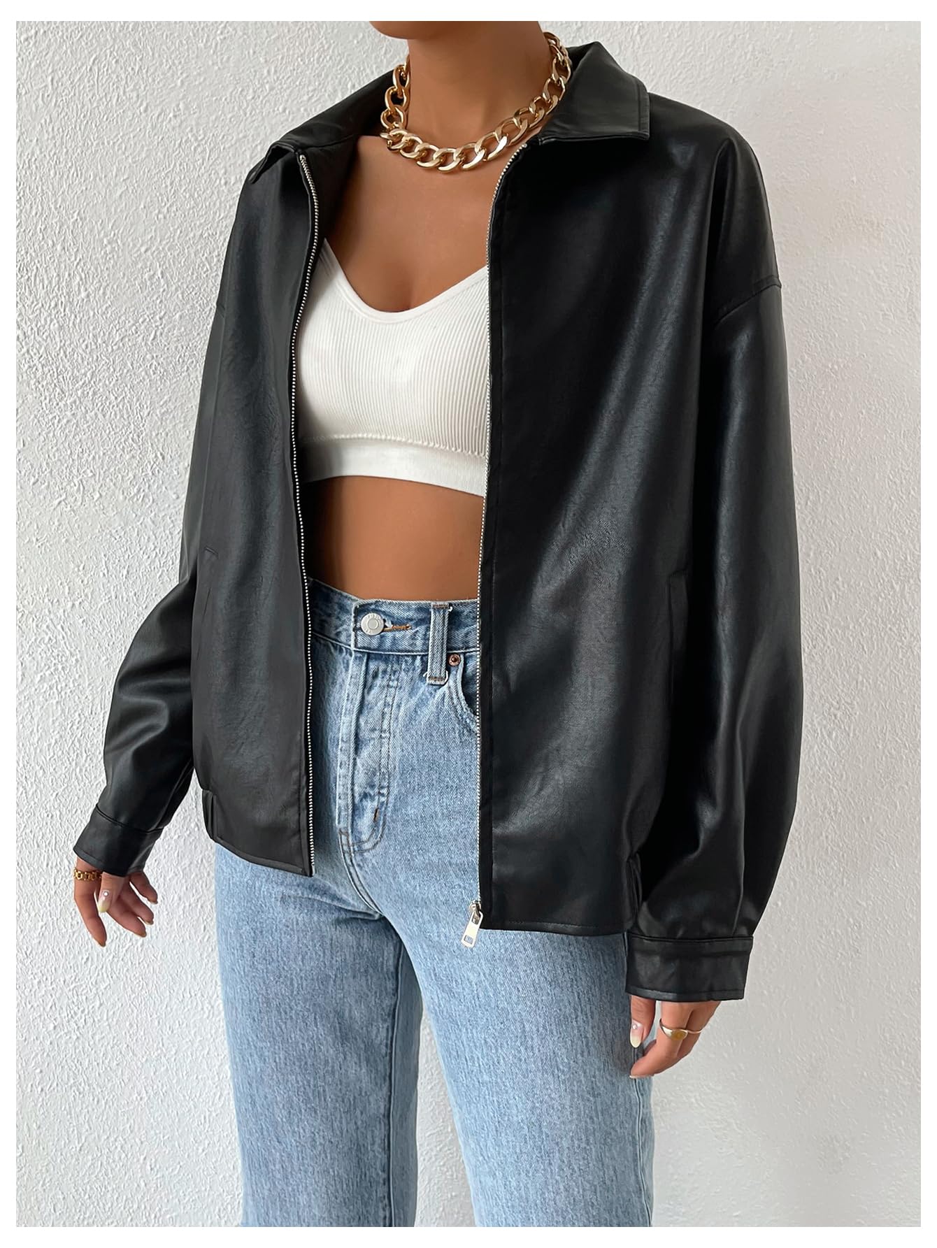 MakeMeChic Women's Faux Leather Shacket Long Sleeve Zip Up Motorcycle Jacket Biker Coat Black S