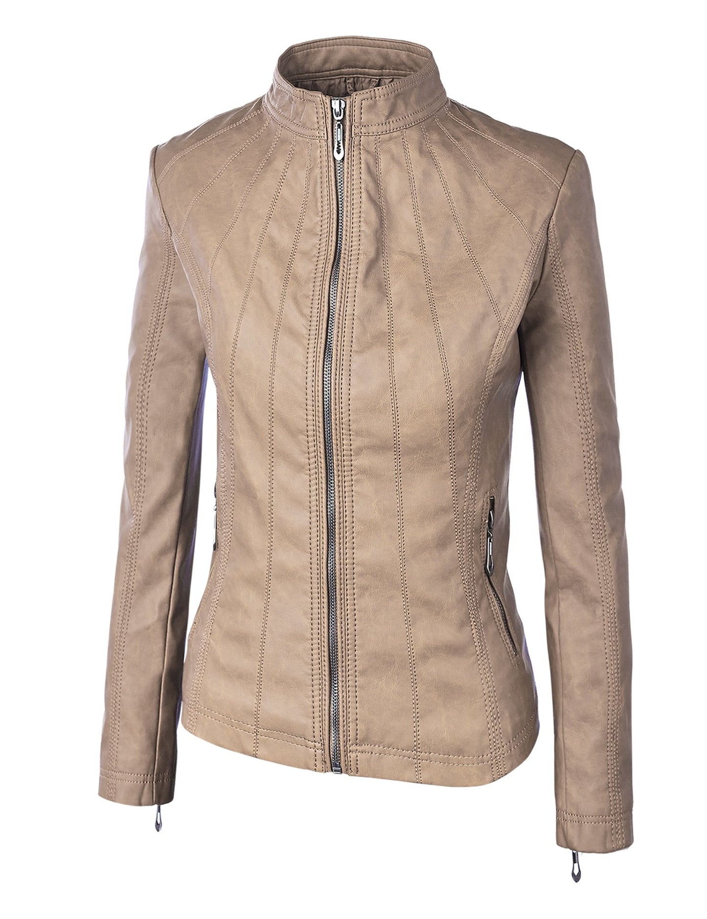 Lock and Love LL WJC877 Womens Panelled Faux Leather Moto Jacket M KHAKI