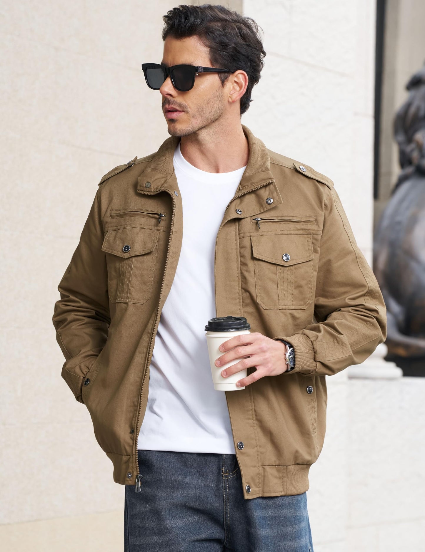 EKLENTSON Bomber Jacket for Men Military Fall Lightweight Windbreaker Flying Cargo Jacket Khaki M