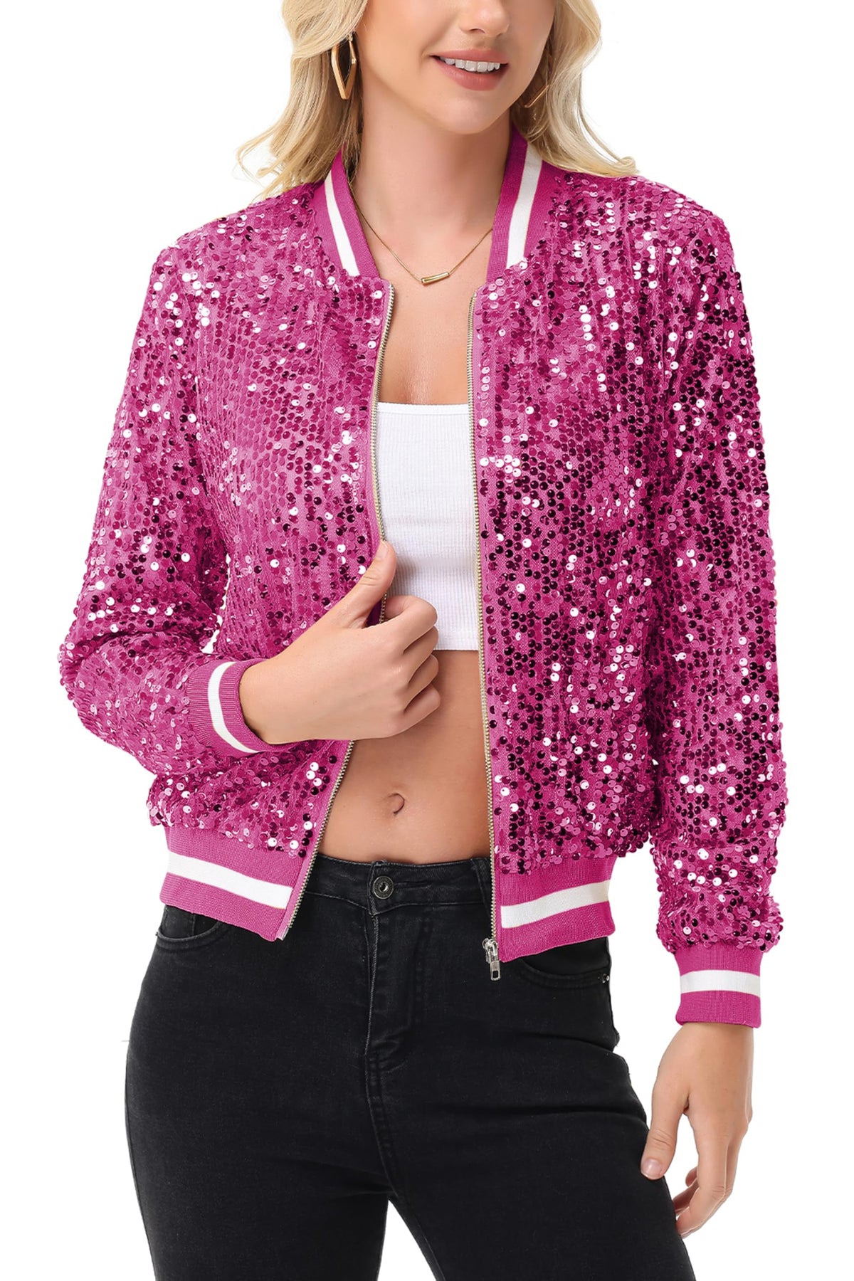 Anna-Kaci Women's Sparkly Sequin Bomber Jacket with Zipper, Hot Pink, L