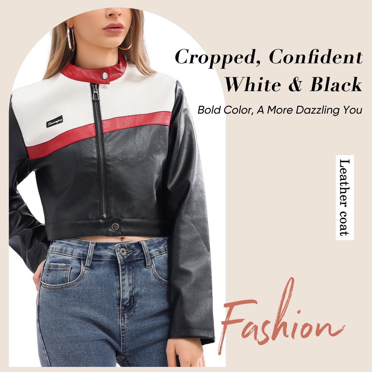 shamofeng Women Cropped Faux Leather Jacket Moto Biker Bomber Jackets Zip Up Motorcycle Coats