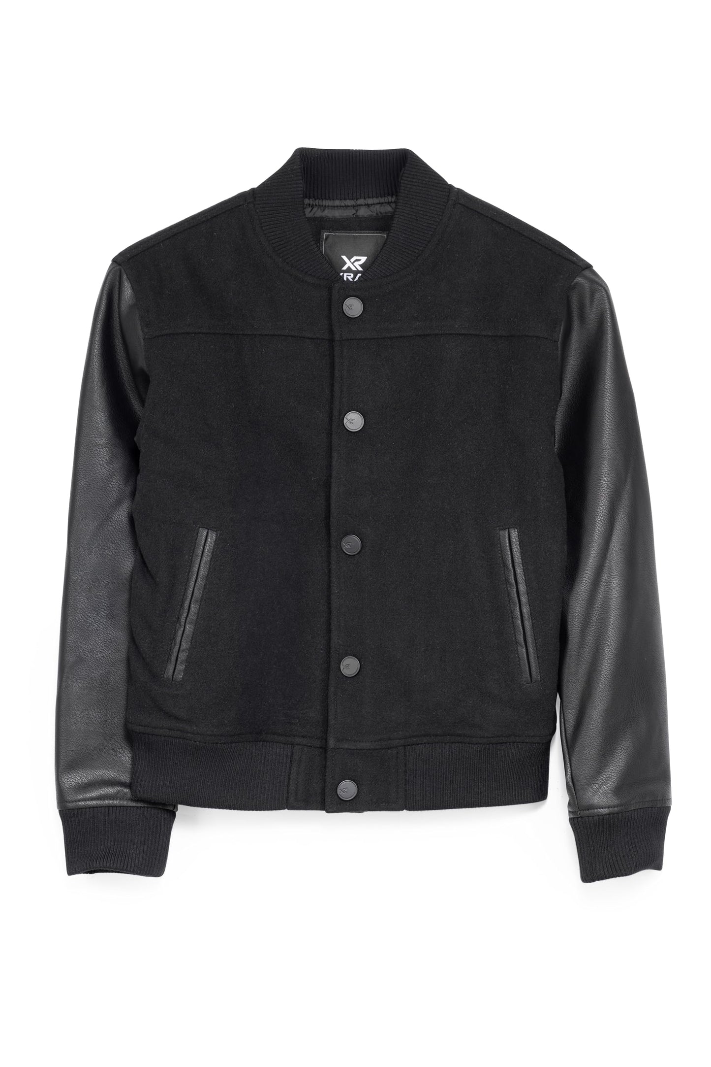X RAY Boys Outerwear Coat with Faux Leather (S - XL), Wool Varsity Bomber Jacket for Kids W/Grainy PU Sleeves, Black - Varsity, Medium