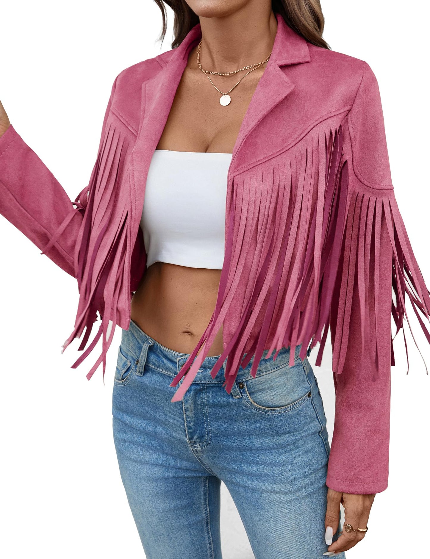 MATEAM Women's Faux Suede Leather Tassel Jackets With Lining Cropped Fringe Coats For Women Cowgirl 2026 Spring Western 80aOutfit Pink S