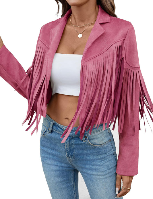 MATEAM Women's Faux Suede Leather Tassel Jackets With Lining Cropped Fringe Coats For Women Cowgirl 2026 Spring Western 80aOutfit Pink S