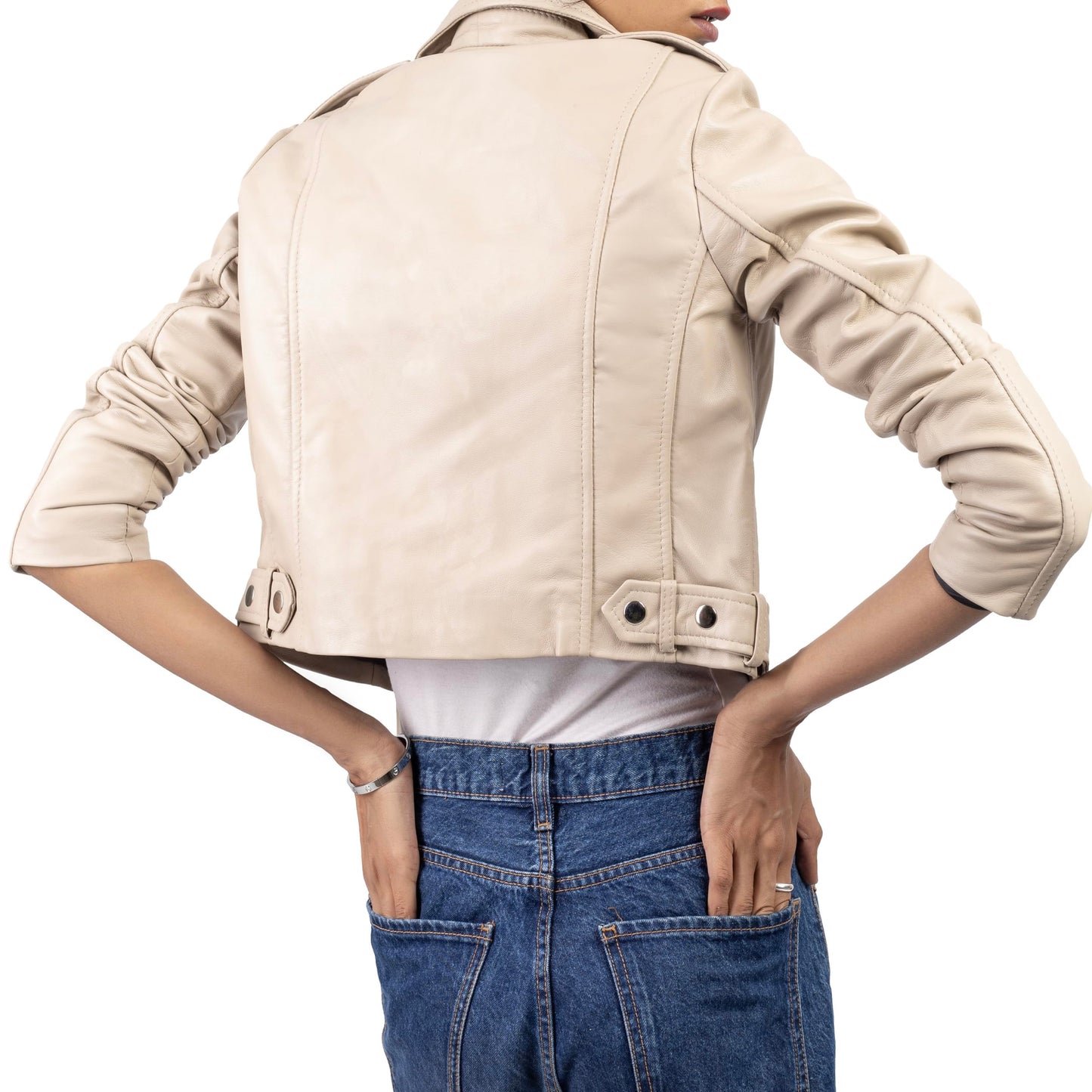 Jild Cropped Leather Jacket Women Lapel Asymmetric Zip Up Moto Biker Short Coat with Belt (CW-A.White-XXL)