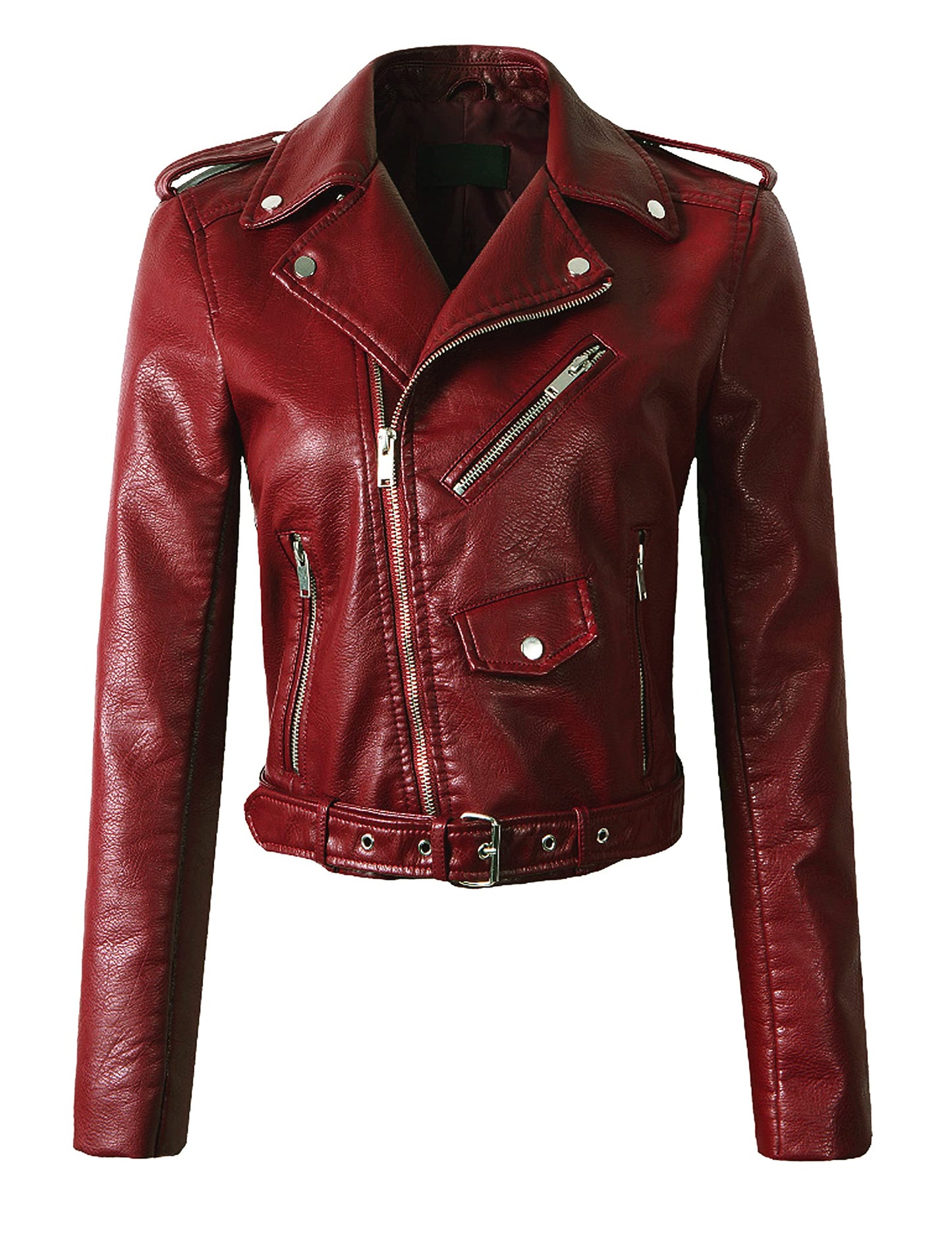 Jhichic Women's Faux Leather Textured Short Moto Jacket Zip-up Slim PU Biker Coat with Pockets (Wine, M)