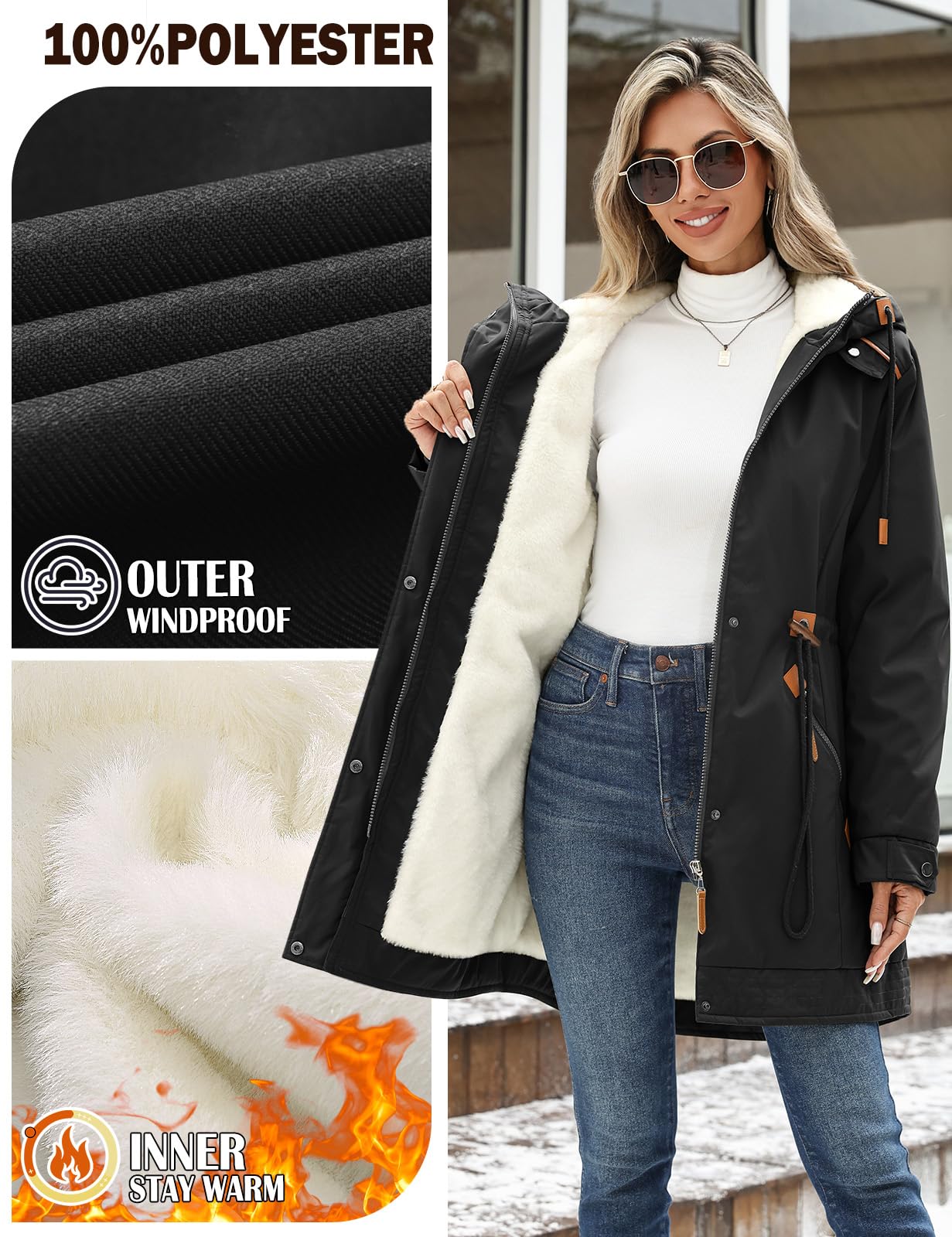 HEEKPEK Women's Winter Coats Thicken Soft Fleece Lined Parka Jacket Hooded Warm Coat Outerwear with Pockets Overcoat Snow (Black,Large)