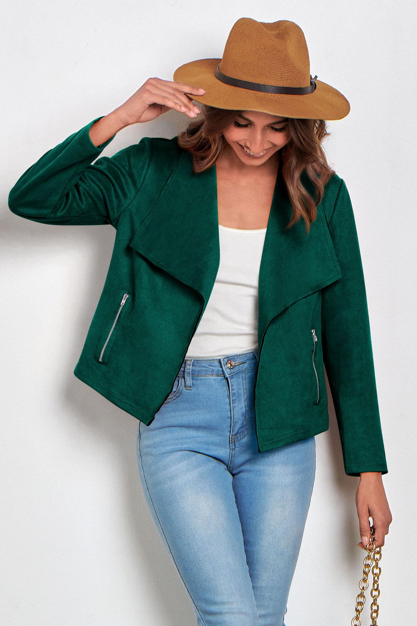 PRETTYGARDEN Women's Faux Suede Jackets 2026 Fashion Fall Clothes Long Sleeve Open Front Cropped Coat Outwear (Dark Green,Large)
