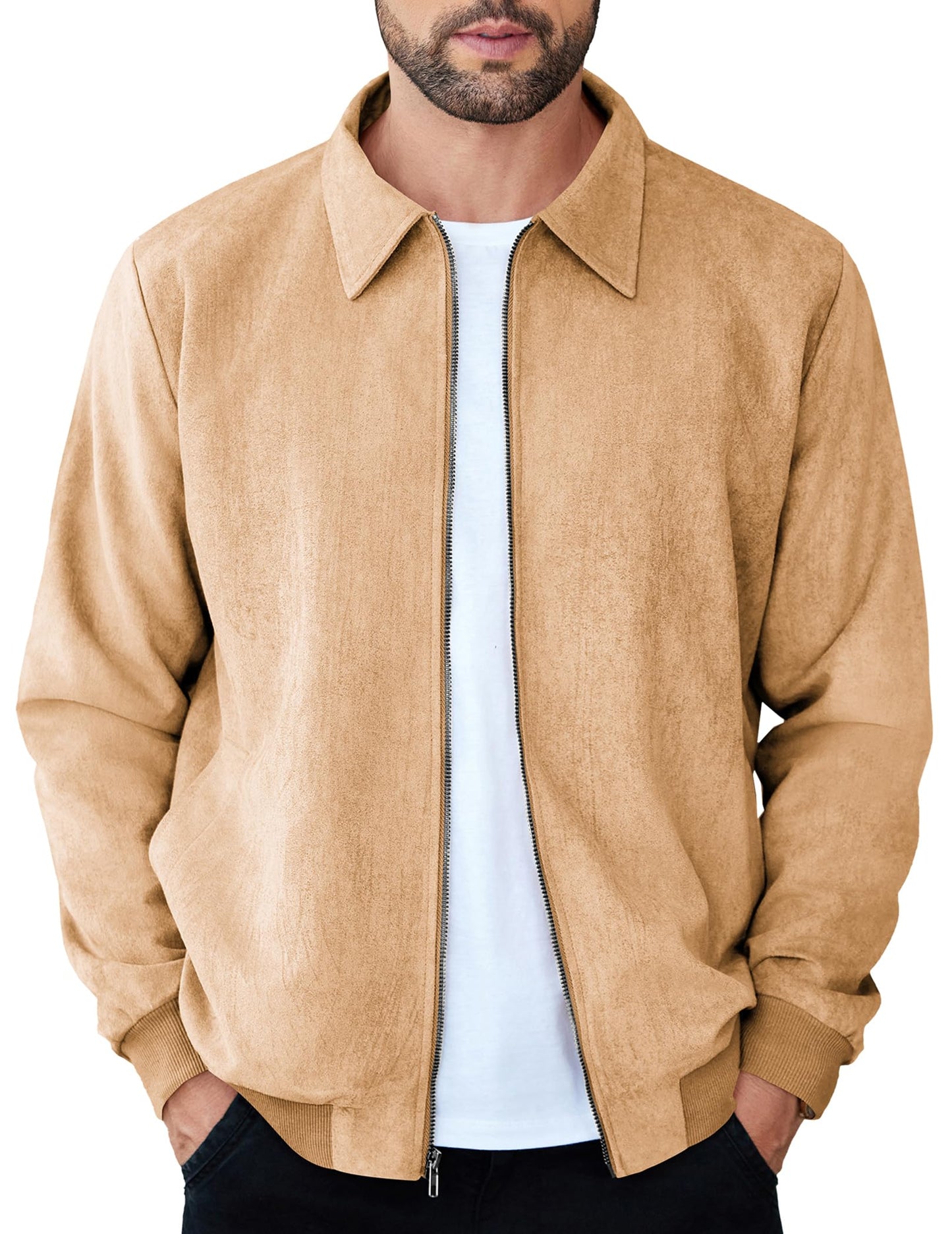 COOFANDY Mens Zip Up Suede Jacket Casual Stylish Leather Jacket Light Tan