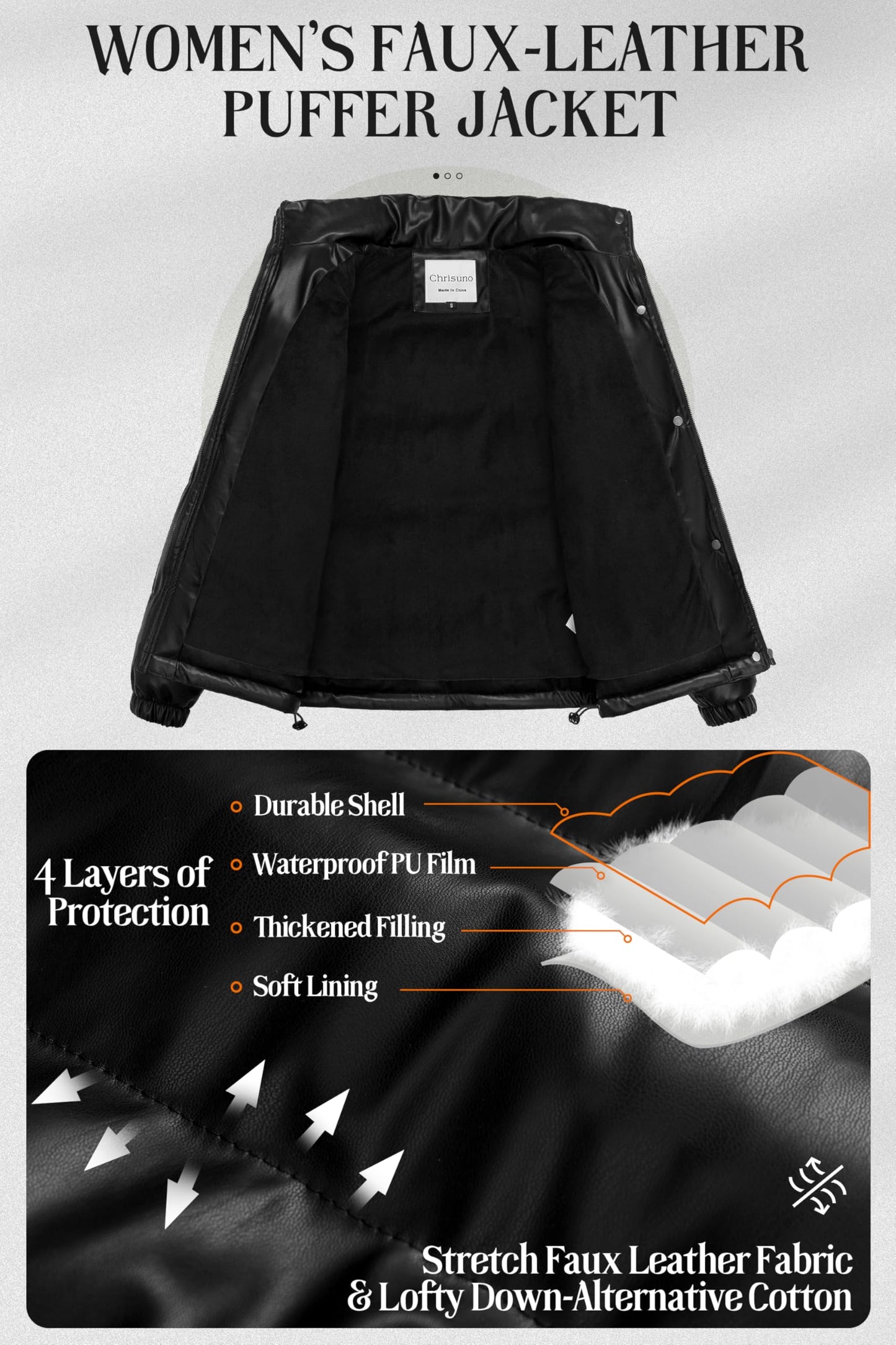 Chrisuno Women Puffer Jacket Windproof Motorcycle Leather Winter Jackets Women's Casual Short Stylish Faux-Leather Bubble Coat Black M