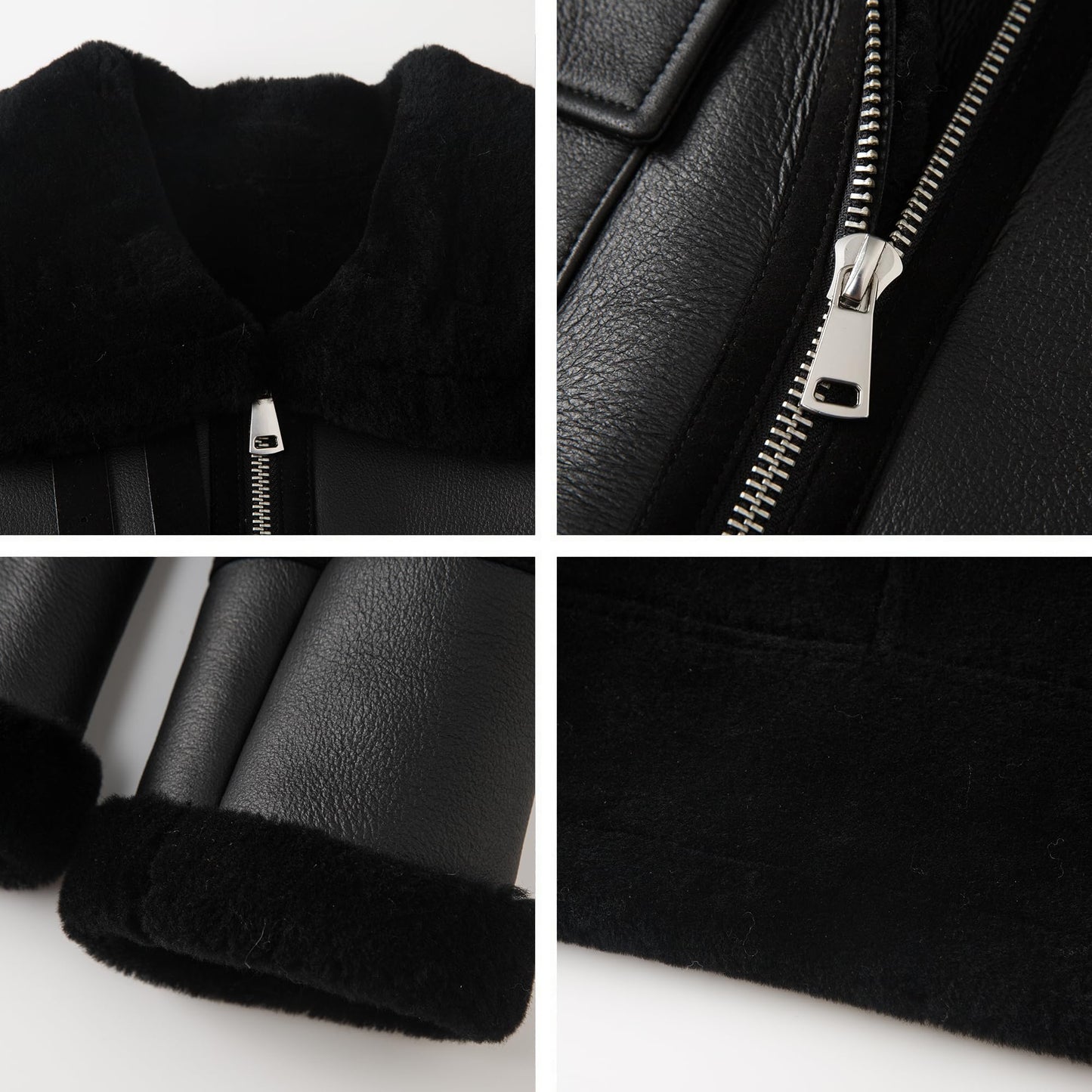 FLAVOR Classic Shearling Jacket for Womens Bomber Leather Winter Jacket Warm Black (Black, XL)