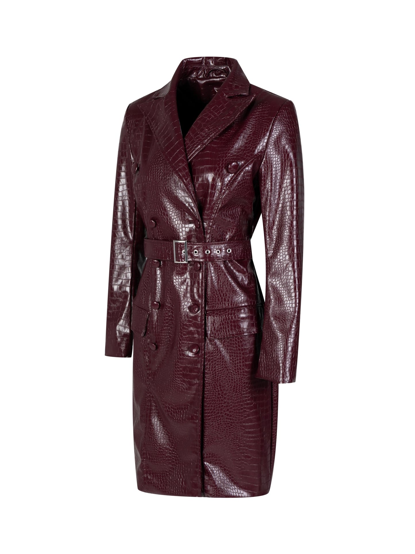 SS-Sunrise Fashion Womens Long Leather Jackets Burgundy Trench Coat Blazer Lapel Button Open Front Faux Motorcycle Jackets Coat with Belt (Large, Red)