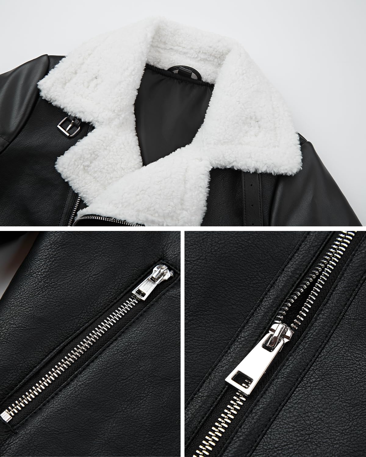 WYOYW Women Puffer Leather Jacket Patchwork Faux Fur Lined Coat Moto Biker Faux Leather Jacket Black White M