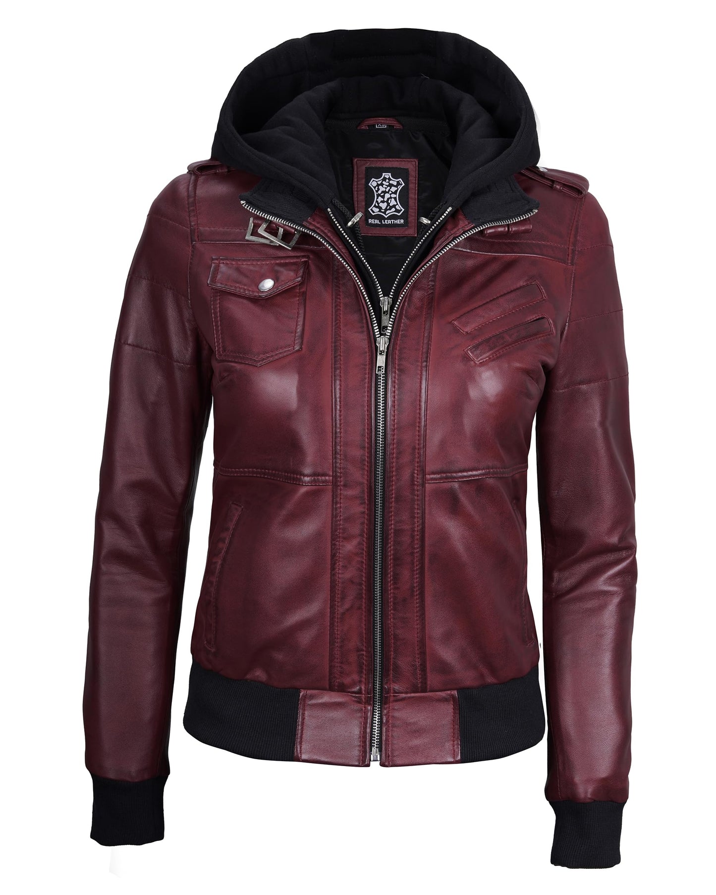 Decrum Leather Jacket with Hood - Women's Bomber Jacket | [1326995] Edinburgh Burgundy, XL