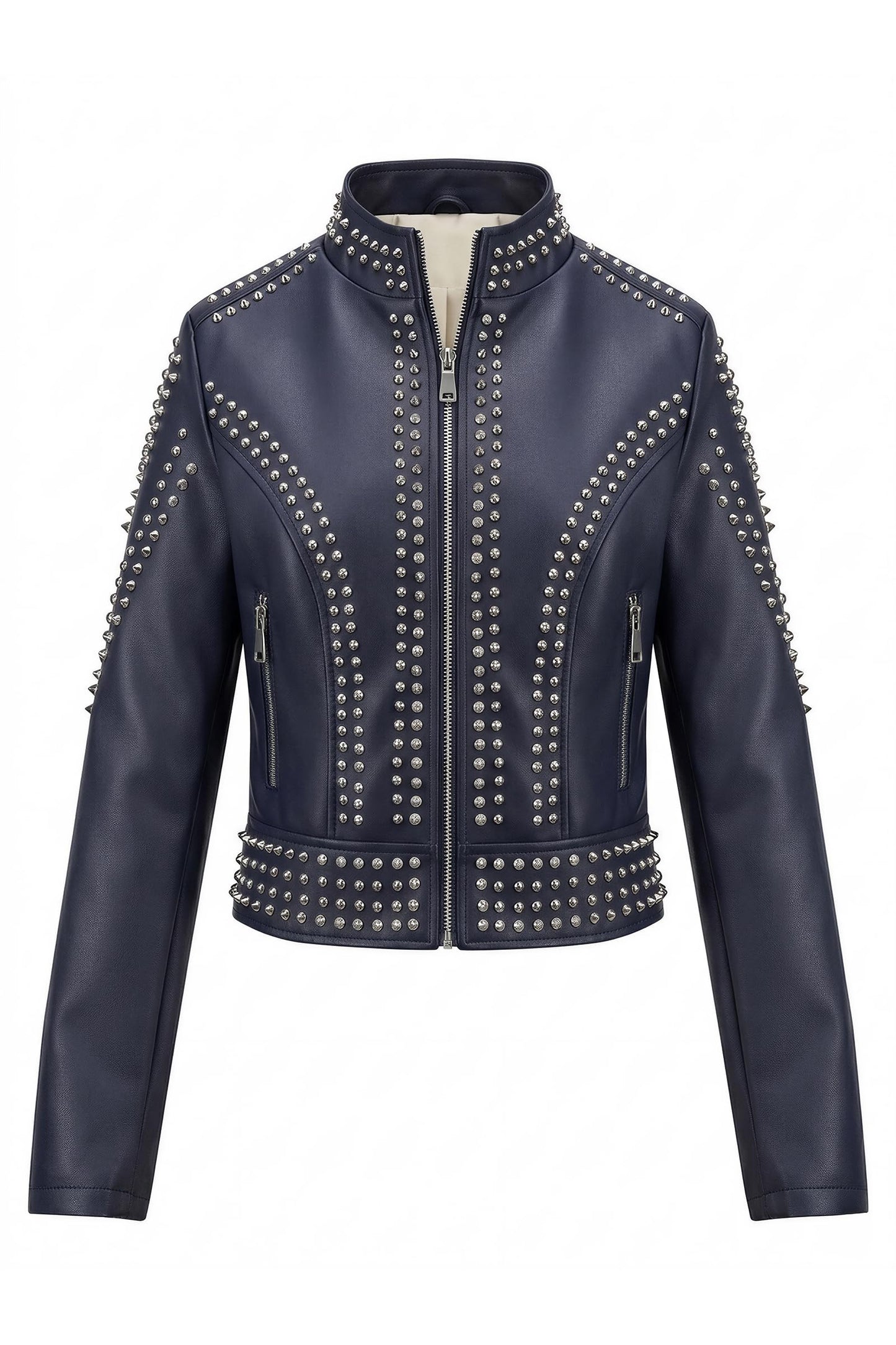 Bellivera Women's Faux Leather Moto Studded Rivet Casual Jacket D.Blue L
