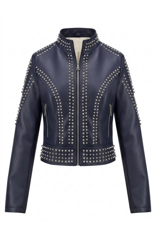 Bellivera Women's Faux Leather Moto Studded Rivet Casual Jacket D.Blue L